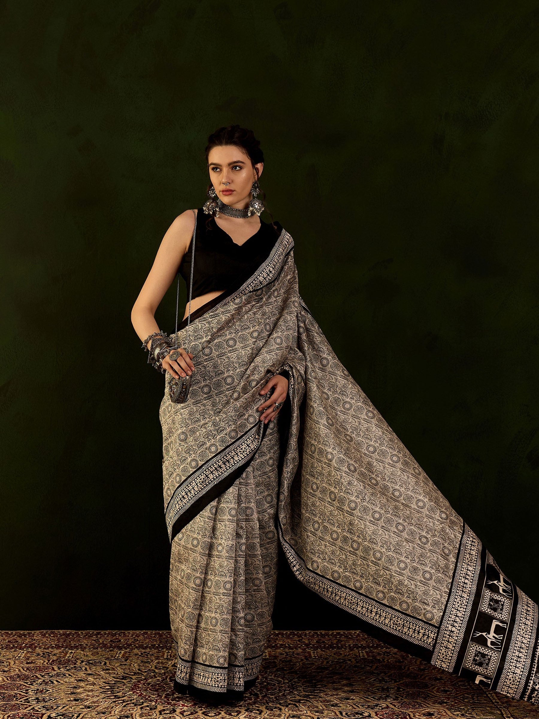 Buy MySilkLove Black and Cream Ajrakh Printed Saree Online