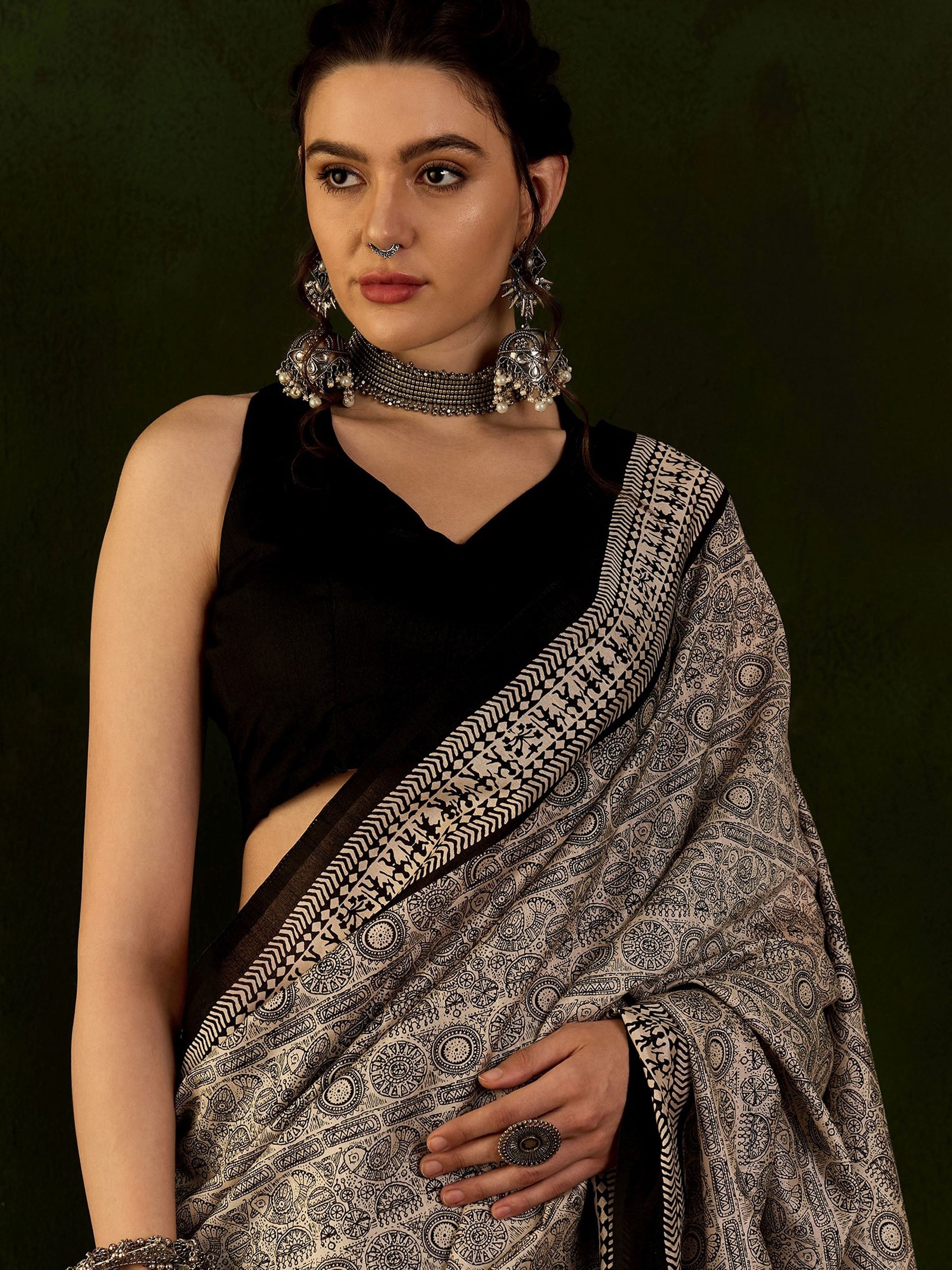 Buy MySilkLove Black and Cream Ajrakh Printed Saree Online