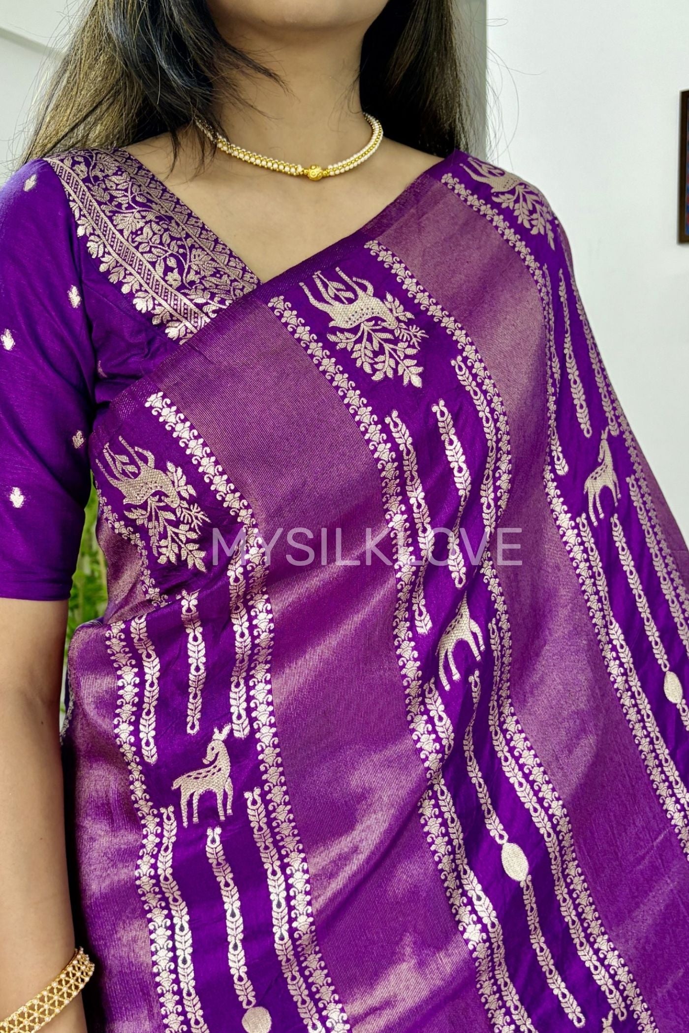 Buy MySilkLove Royal Purple Deer Design Woven Banarasi Silk Saree Online