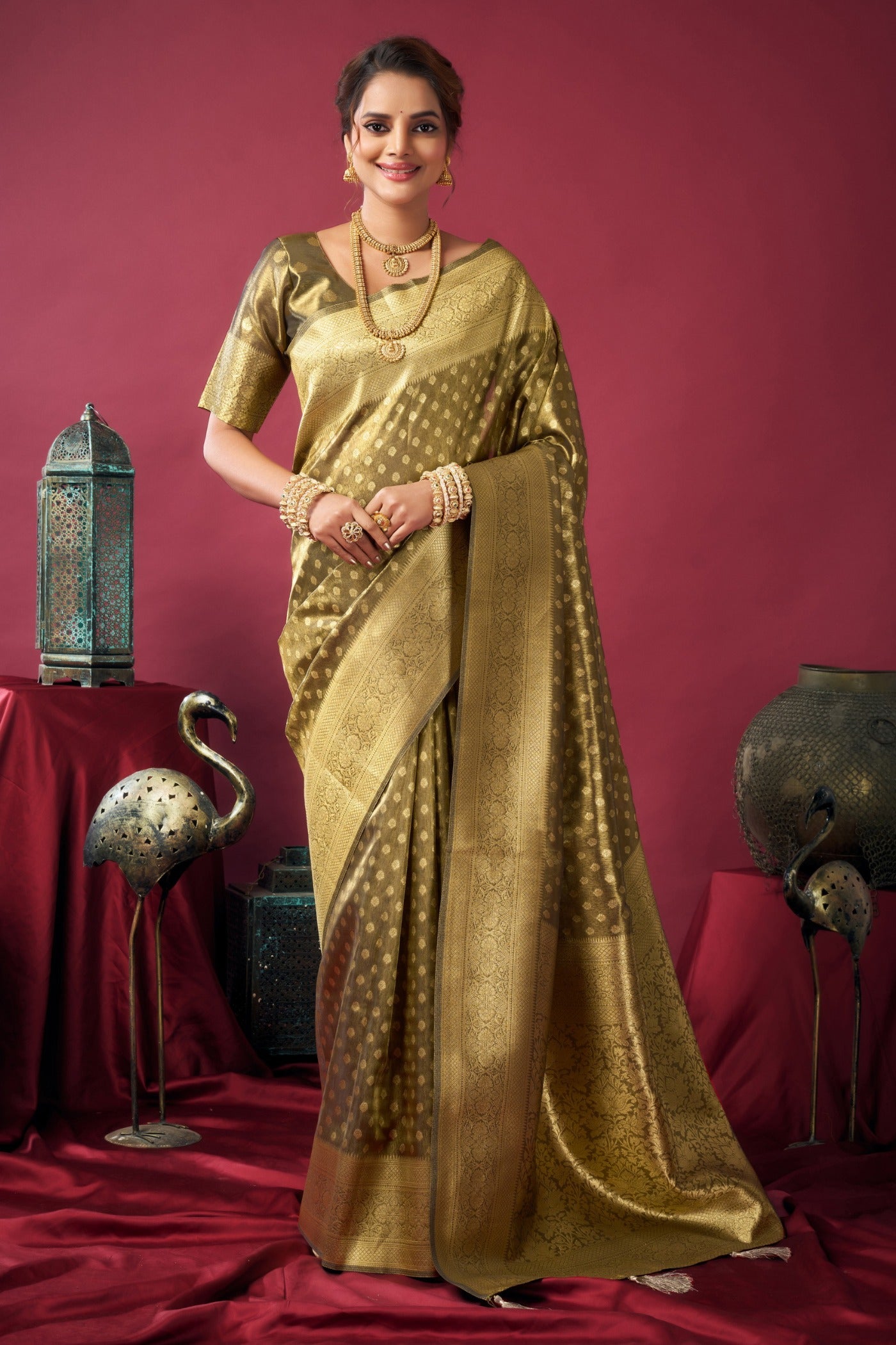 Buy MySilkLove Cadmium Green Handloom Tissue Silk Saree Online