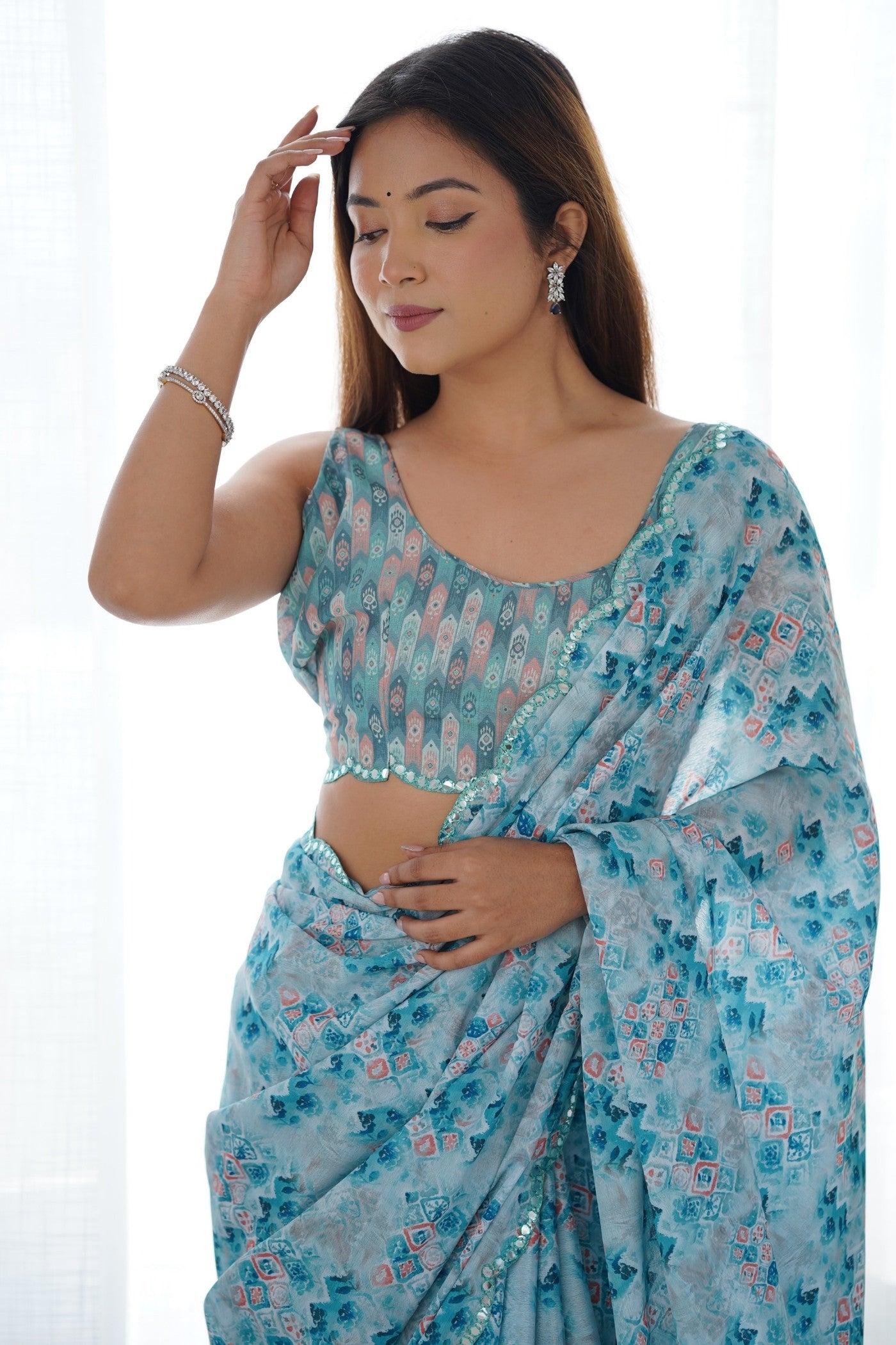 Buy MySilkLove River Blue Digital Printed Chinon Saree Online