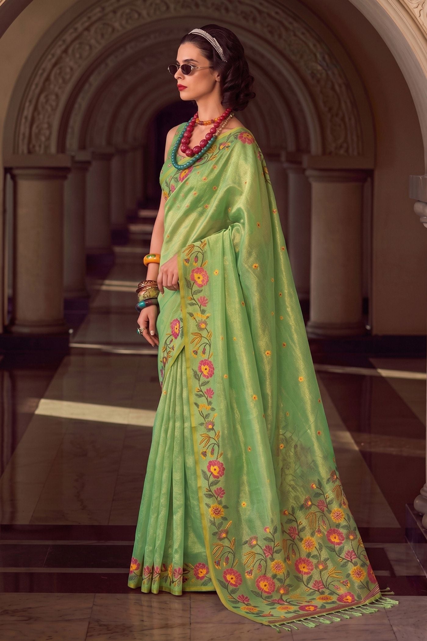Buy MySilkLove Pista Green Woven Floral Tissue Saree Online