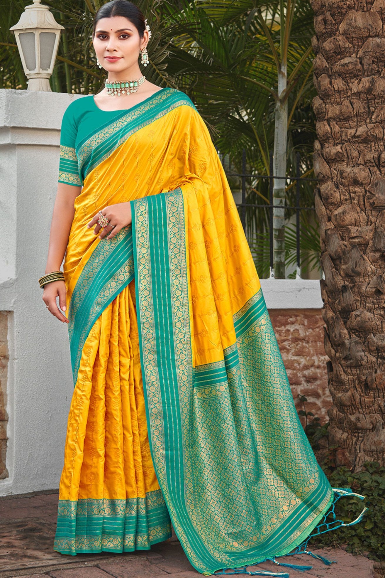 Buy MySilkLove Sunrise Yellow and Green Woven Banarasi Saree Online