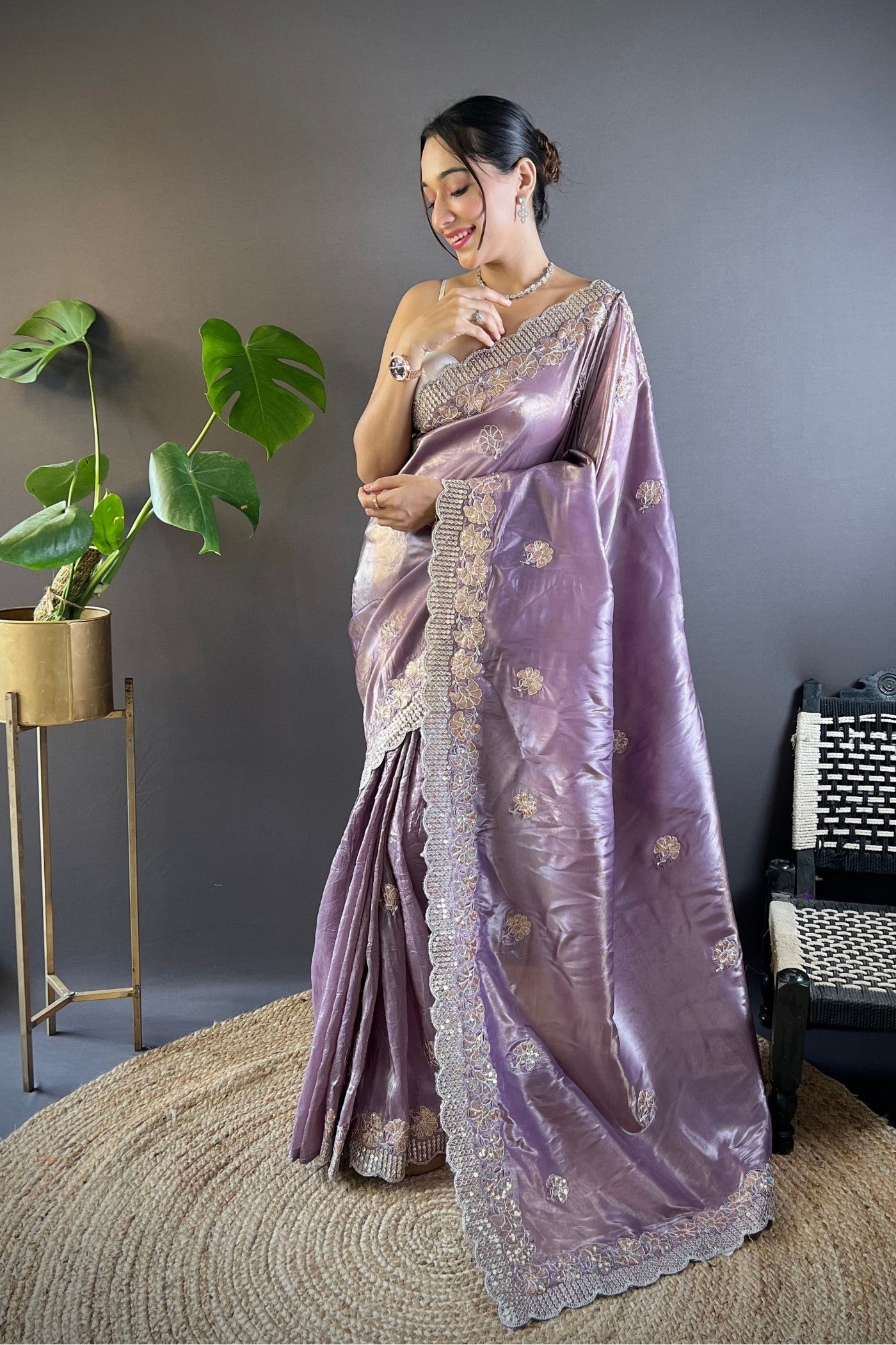 Buy MySilkLove Lilac Luster Purple Embroidered Party Wear Saree Online