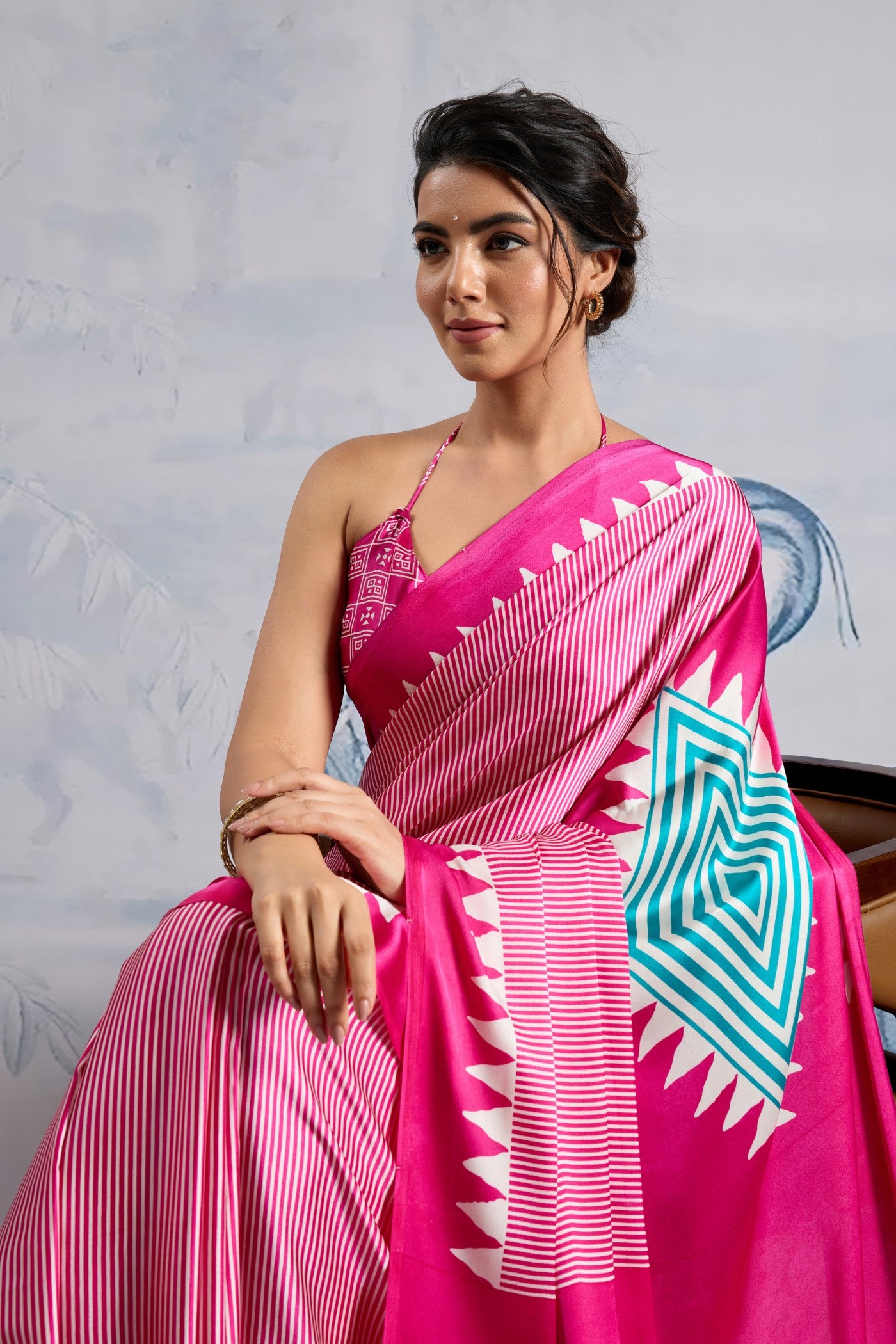 Buy MySilkLove Erica Pink Stripe Ajrakh Printed Satin Crepe Silk Saree Online