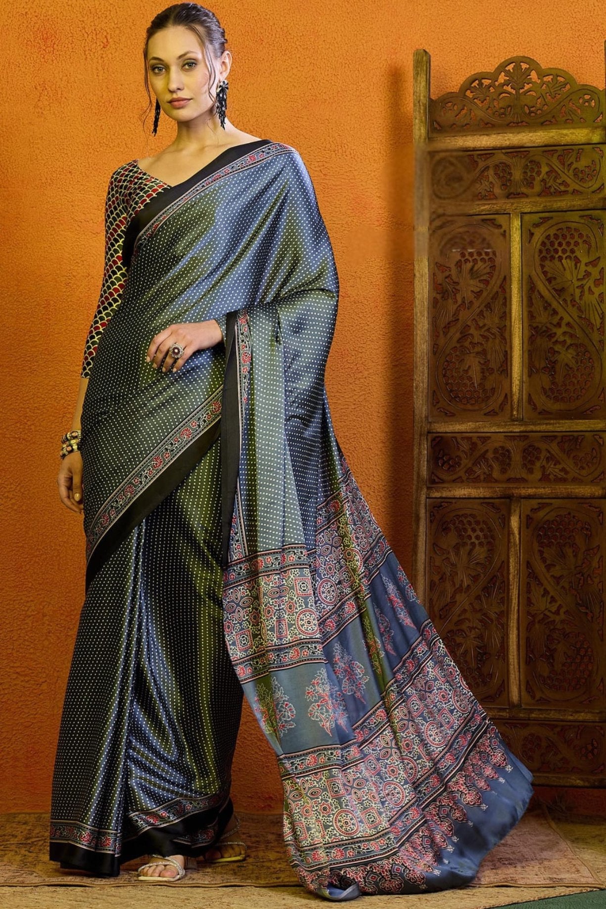 Buy MySilkLove Casper Blue Printed Ajrakh Satin Crepe Saree Online