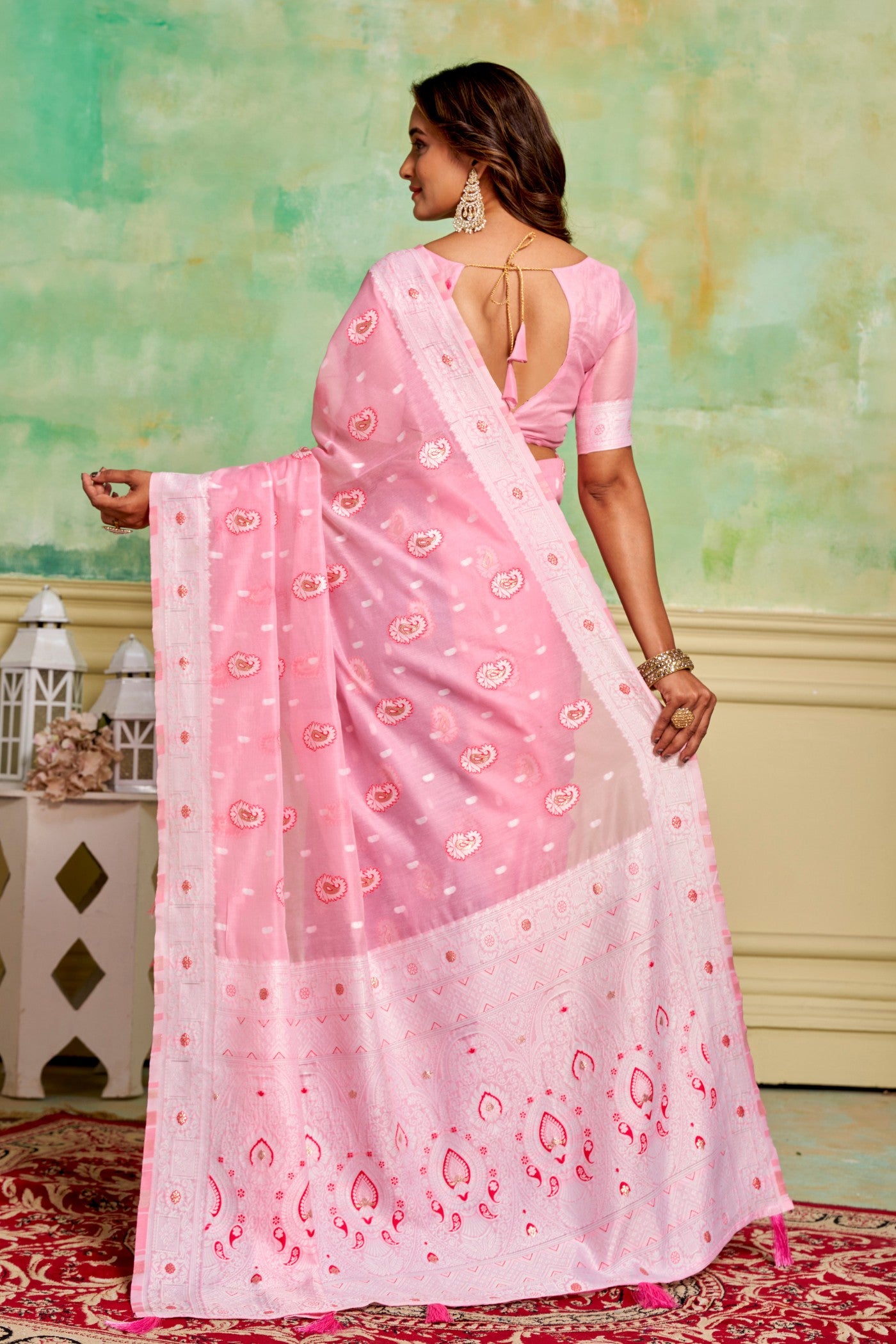 Buy MySilkLove Pastel Pink Woven Cotton Saree Online