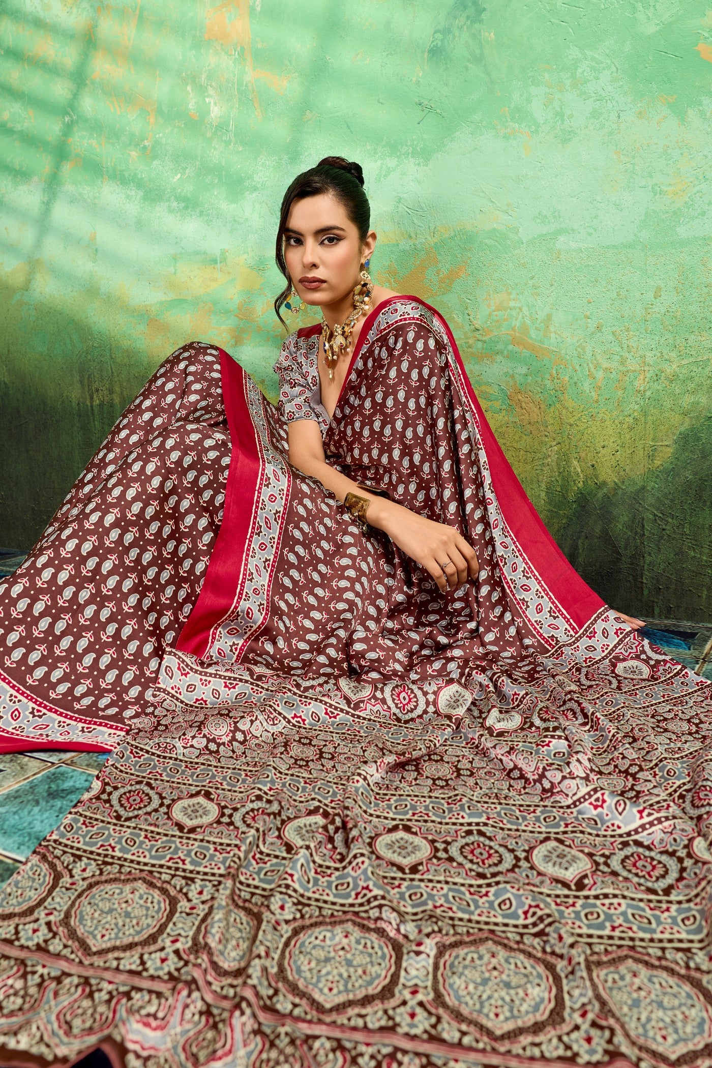 Buy MySilkLove Wine Maroon Modal Ajrakh Satin Printed Silk Saree Online