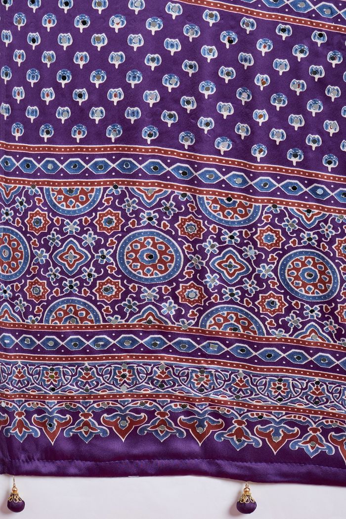 Buy MySilkLove Amethyst Purple Modal Ajrakh Satin Printed Mirror Work Saree Online