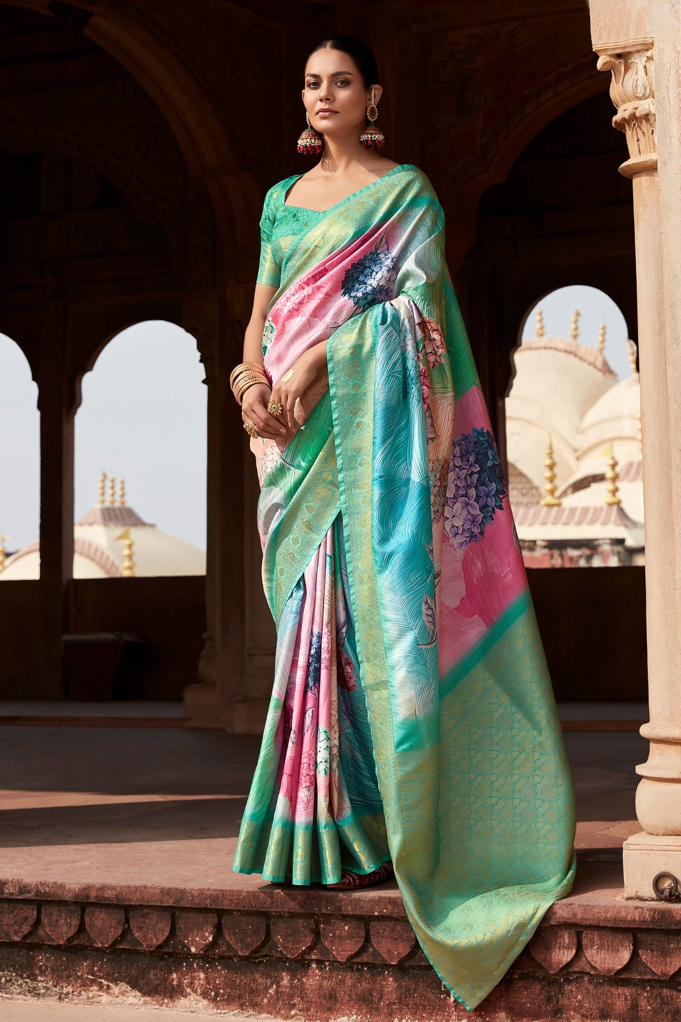 Buy MySilkLove Lotus Pink and Green Banarasi Handloom Saree Online