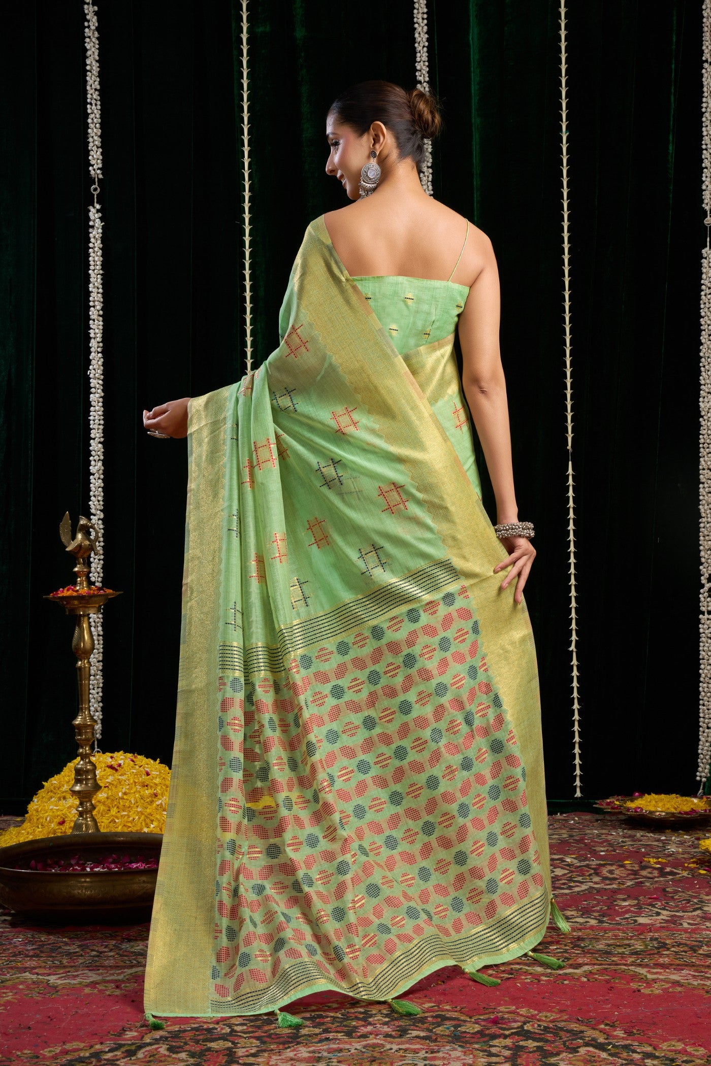 Buy MySilkLove Pantone Green Woven Cotton Saree Online