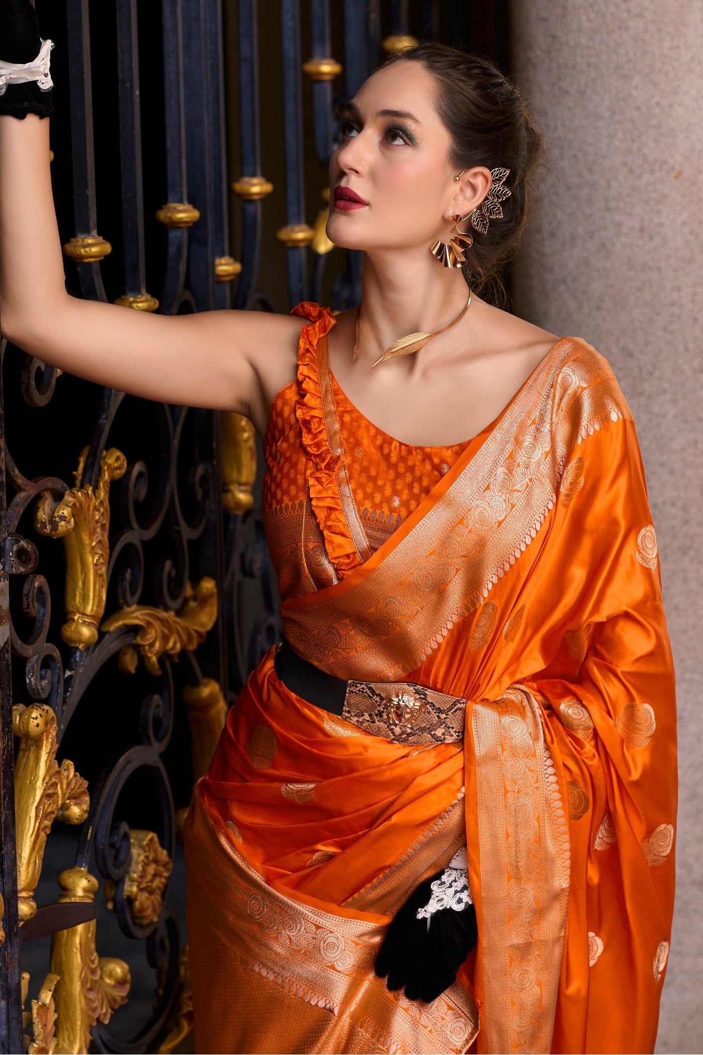 MySilkLove Tia Maria Orange Handloom Satin Silk Saree