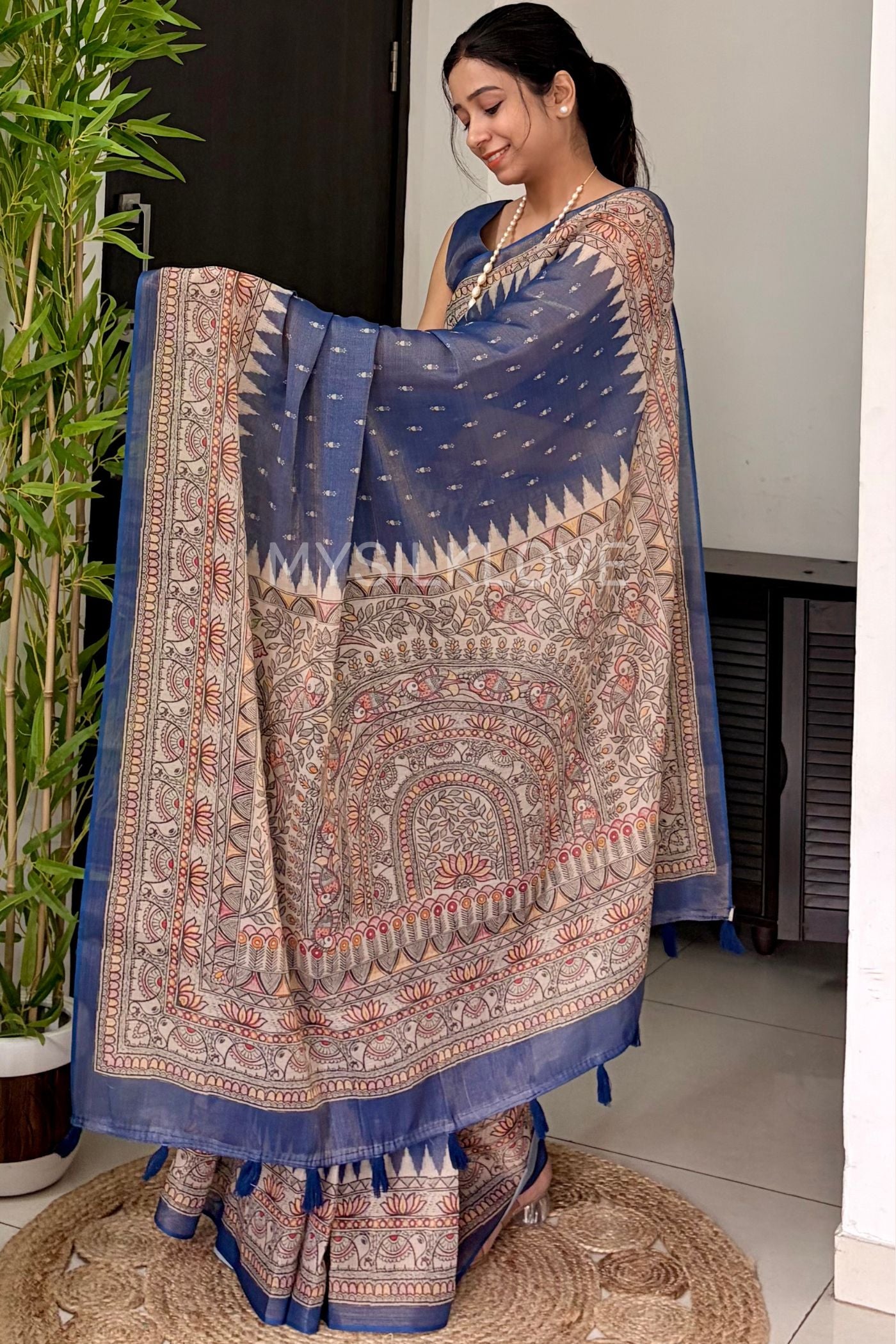 Buy MySilkLove Blue Kalmakari Linen Cotton Printed Saree Online