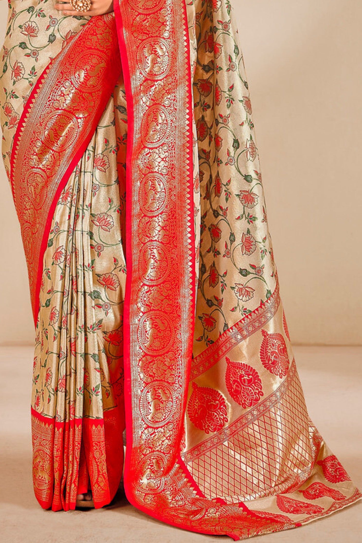 Buy MySilkLove Apricot Cream and Red Zari Woven Banarasi Saree Online