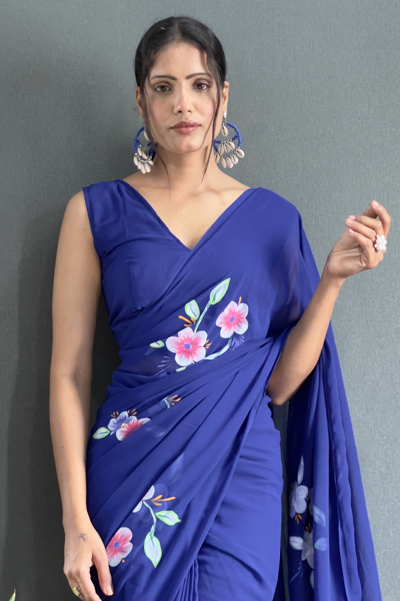 Buy MySilkLove Blue Orchid Hand Painted Georgette Saree Online