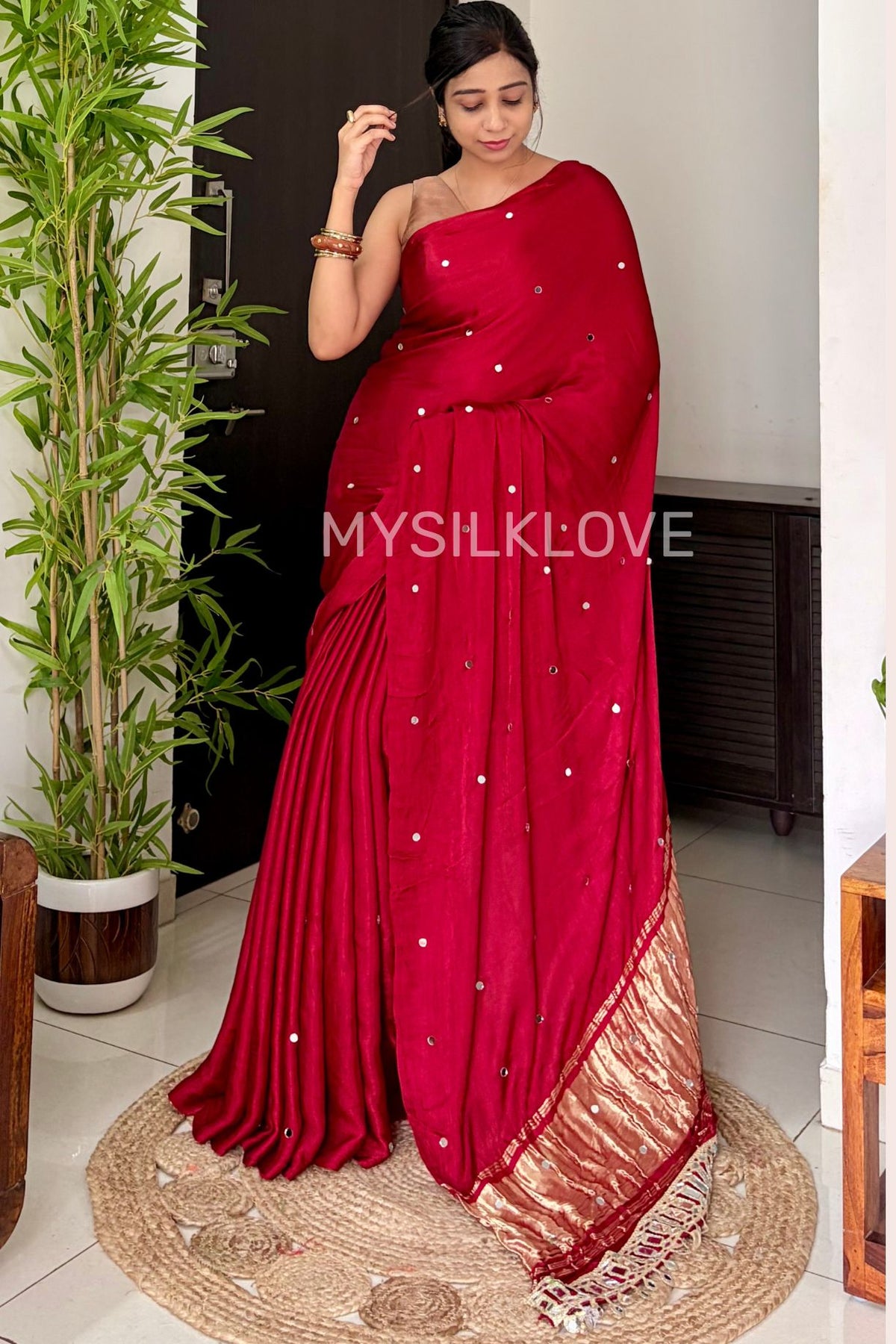 Buy MySilkLove Carmine Red Pure Gajji Modal Silk Mirror Work Saree with Lagdi Zari Pallu Online