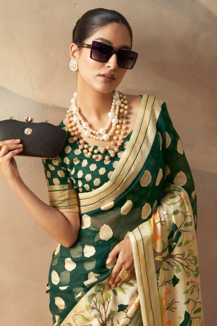 MySilkLove Green Kelp Woven Georgette saree