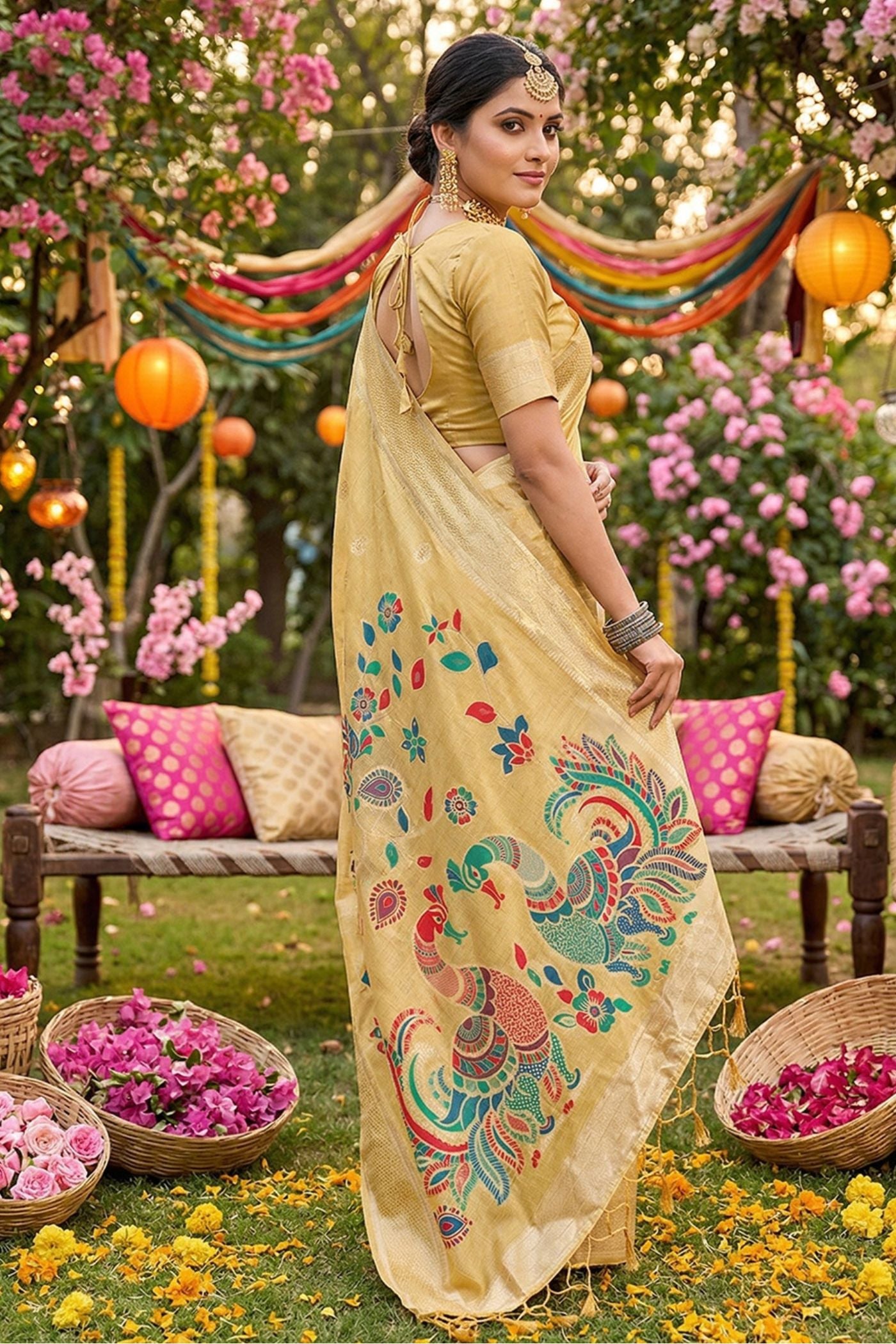 Buy MySilkLove Lemon Yellow Woven Linen Cotton Saree Online