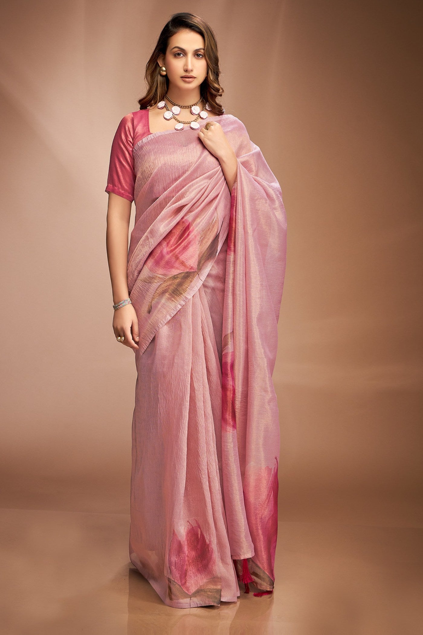 Buy MySilkLove Desert Rose Pink Printed Tissue Saree Online