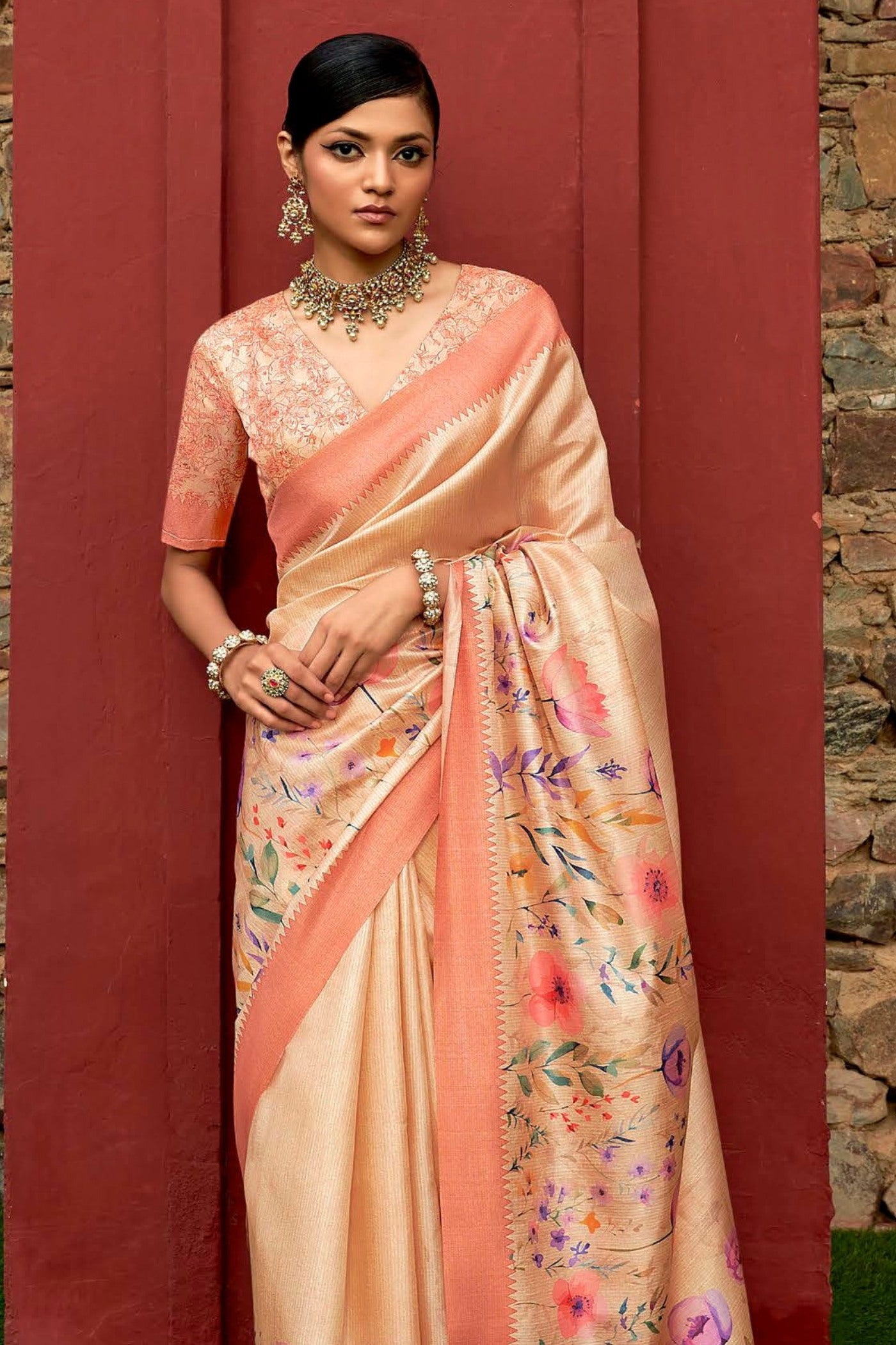 Buy MySilkLove Peach Orange Digital Printed Banarasi Saree Online