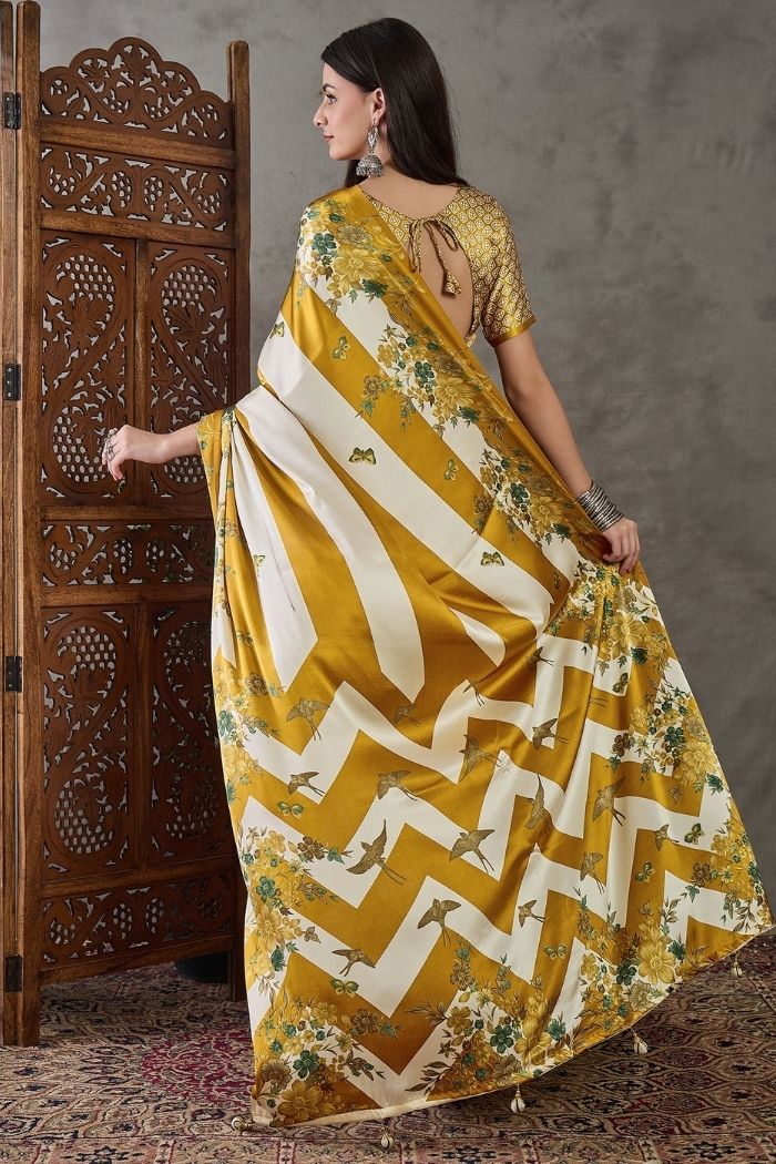 Buy MySilkLove Tulip Yellow Stripe Printed Floral Satin Gaji Silk Saree Online