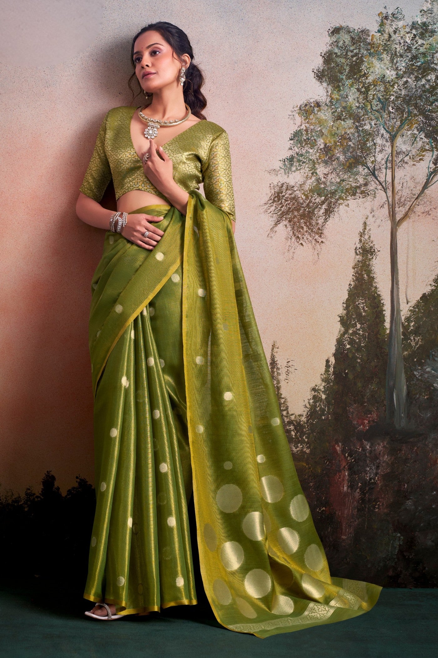 Buy MySilkLove Moss Green Handloom Tissue Saree Online