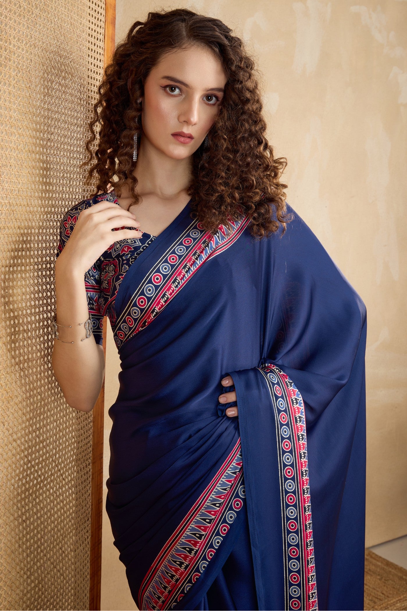 MySilkLove Lapis Blue Ajrakh Printed Satin Crepe Silk Saree