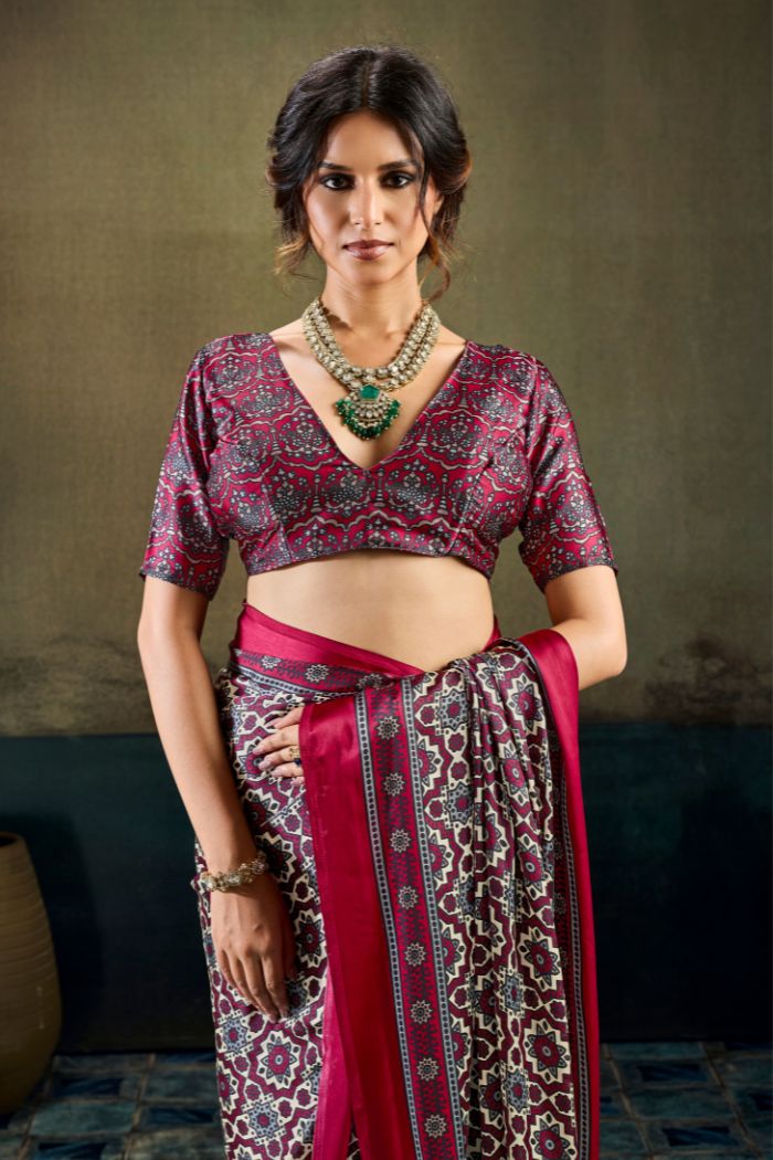 Buy MySilkLove Elegant Maroon Modal Ajrakh Satin Printed Silk Saree Online