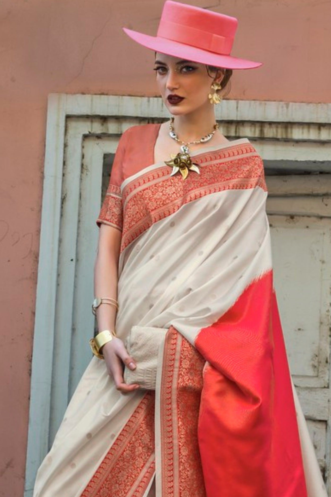 Buy MySilkLove Butter Cream and Red Banarasi Handloom Saree Online