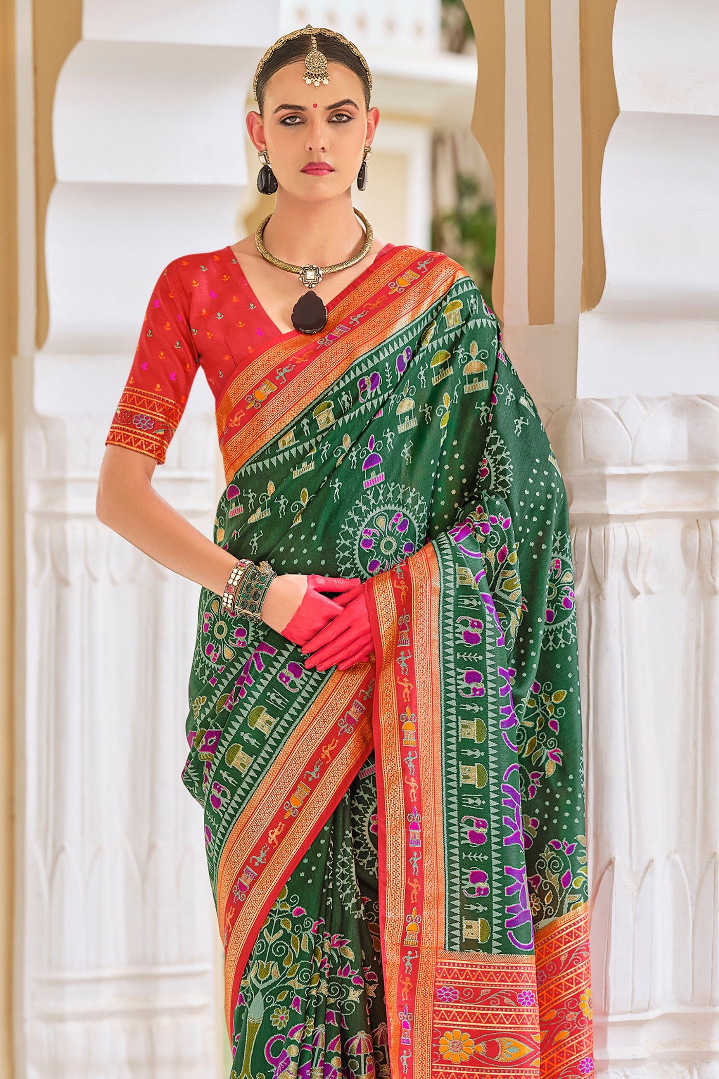 Buy MySilkLove Tom Thumb Green and Red Printed Patola Saree Online