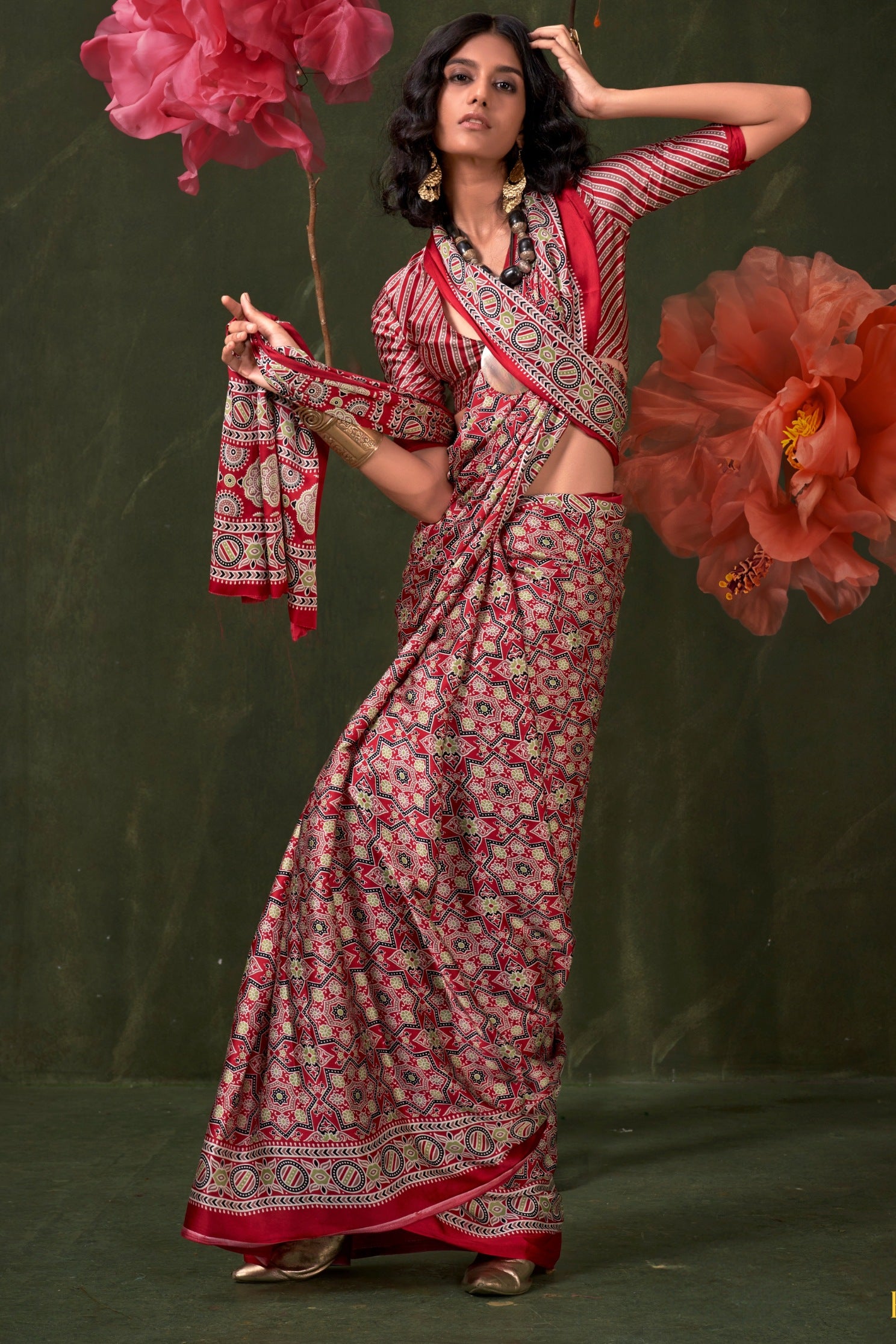 MySilkLove Garnet Red Ajrakh Printed Satin Crepe Silk Saree