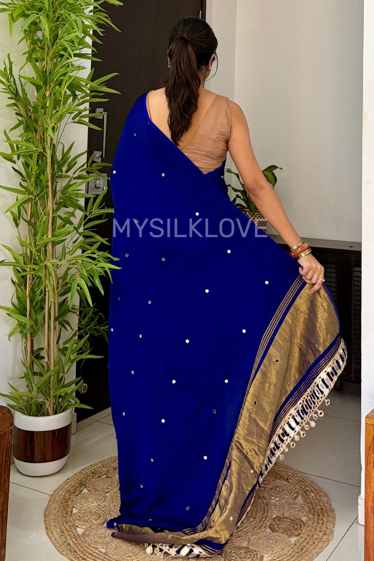 Buy MySilkLove Lapis Blue Pure Gajji Modal Silk Mirror Work Saree with Lagdi Zari Pallu Online