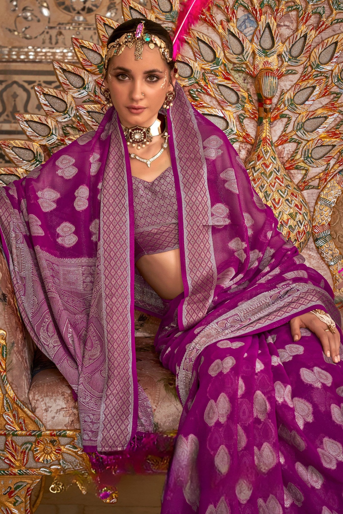 Buy MySilkLove Lolipop Purple Zari Woven Georgette Saree Online