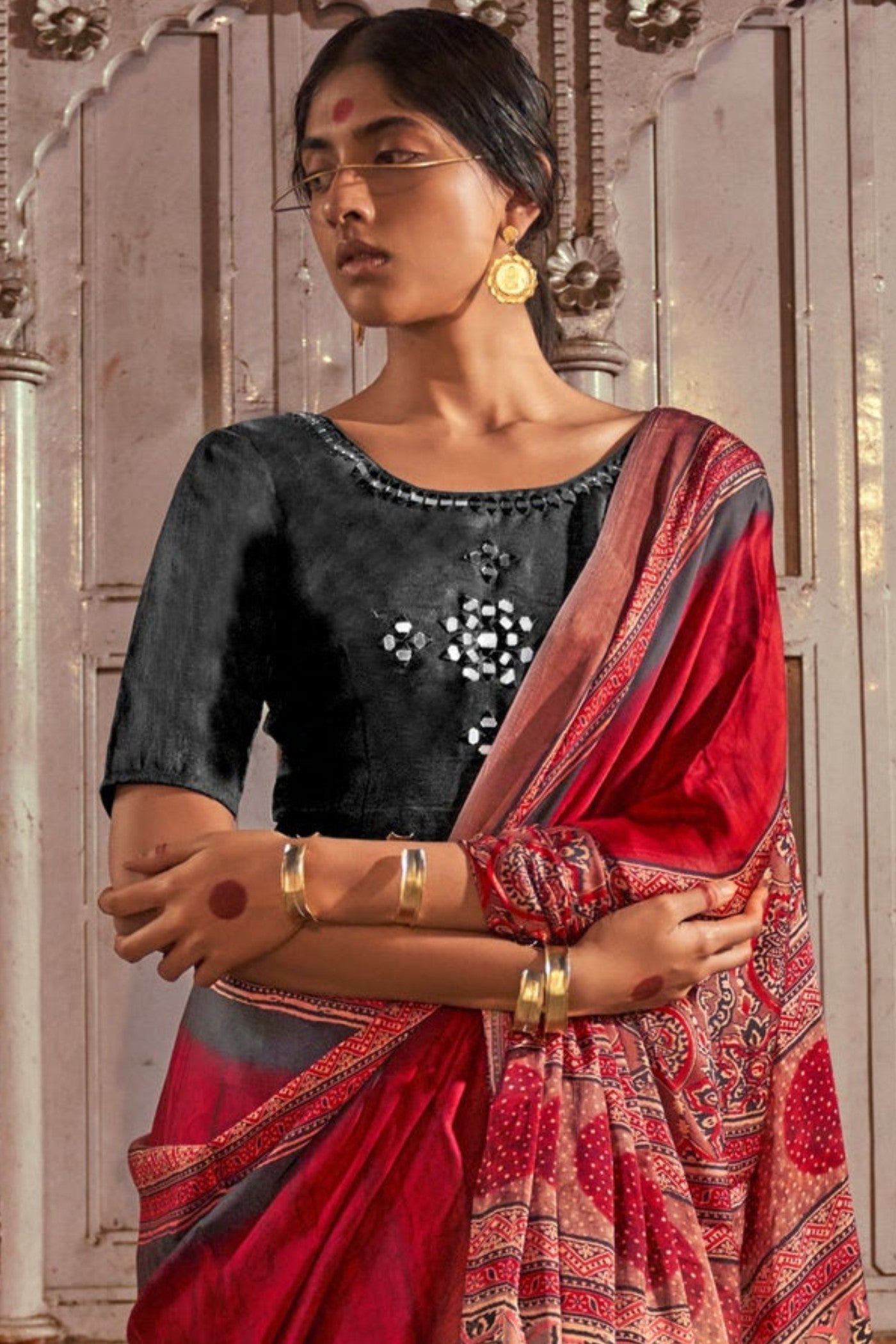 Buy MySilkLove Dark Red Ajrakh Handprinted Satin Saree Online