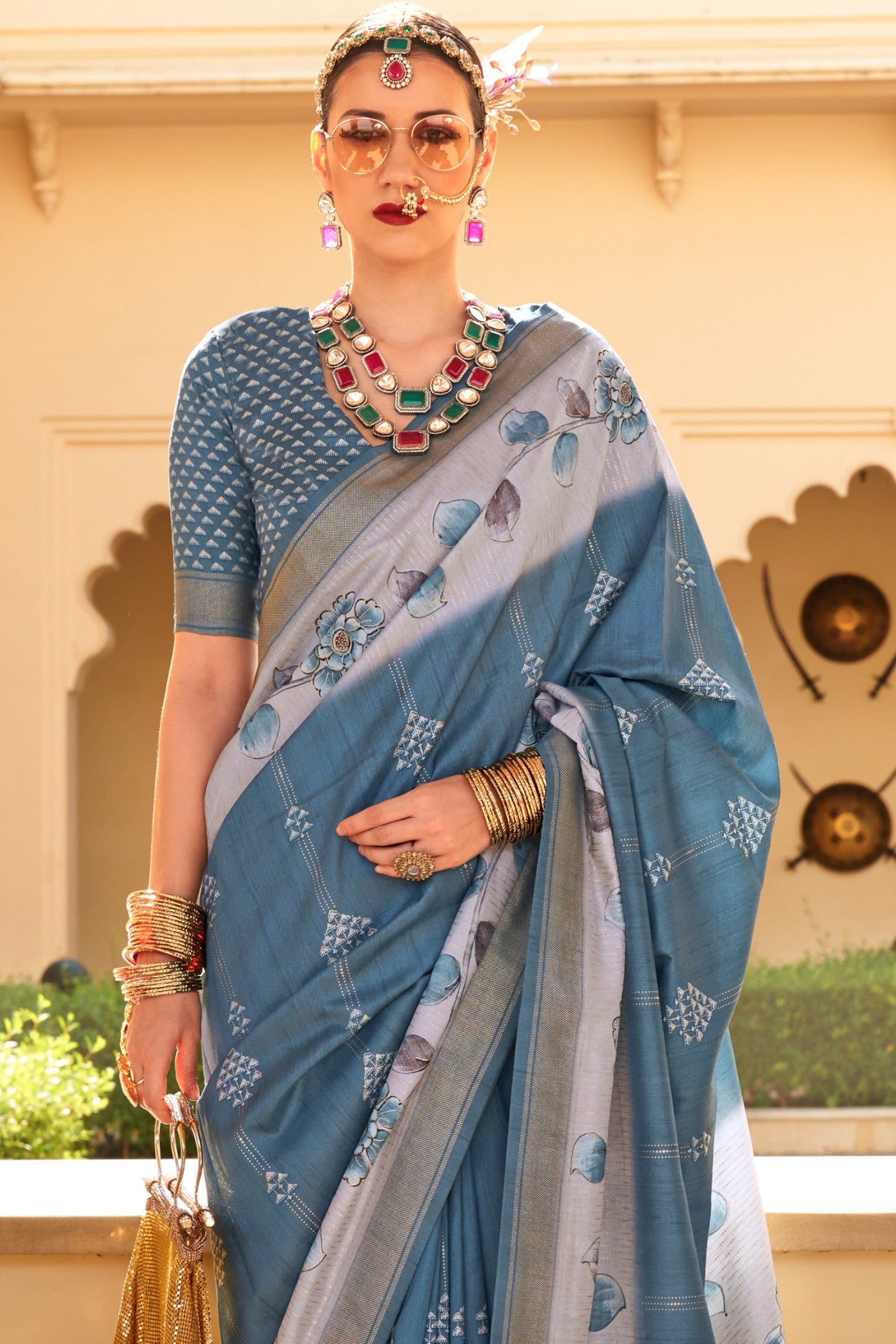 MySilkLove Pewter Blue Floral Printed Banarasi Saree