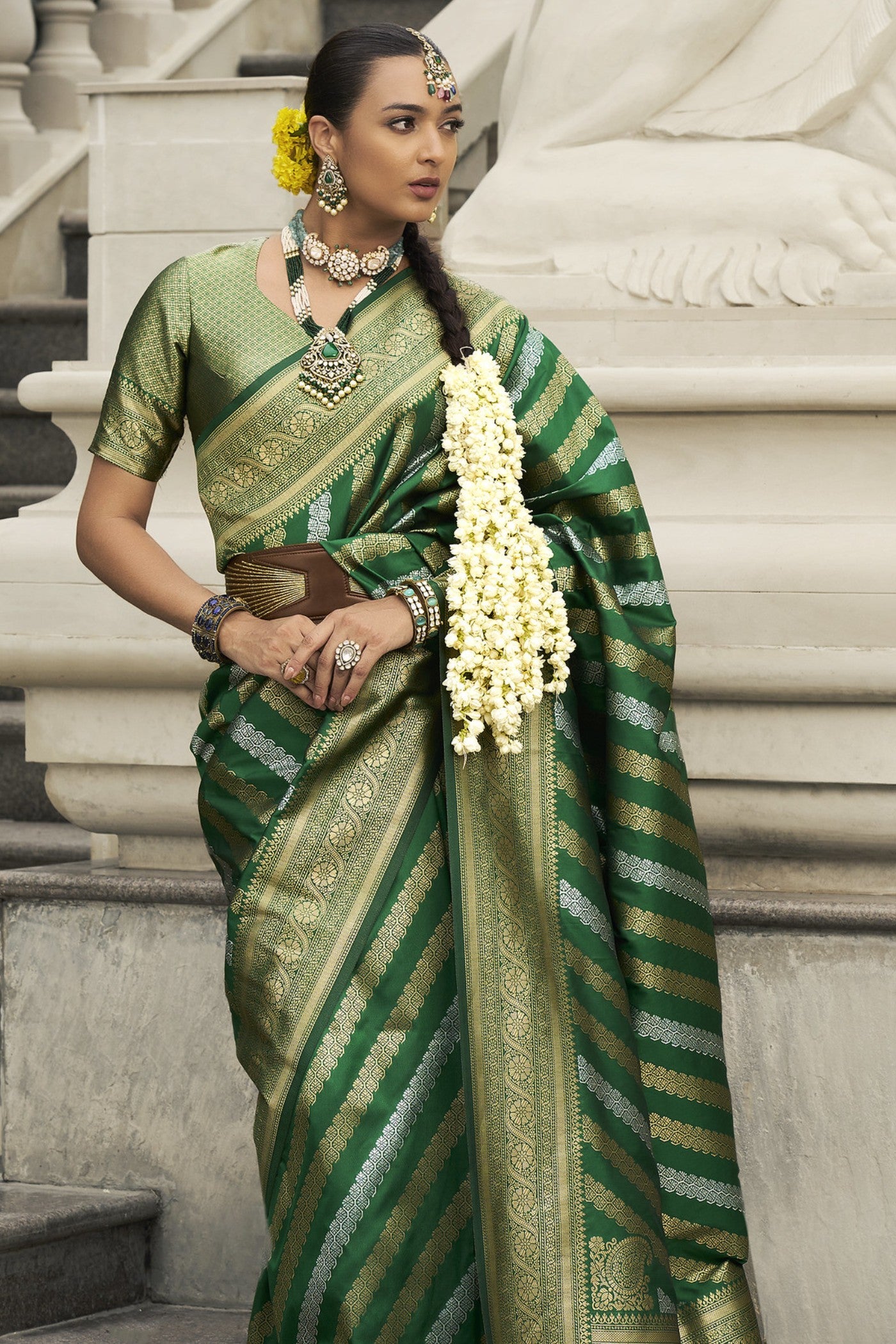 Buy MySilkLove Gray Asparagus Green Woven Banarasi Saree Online