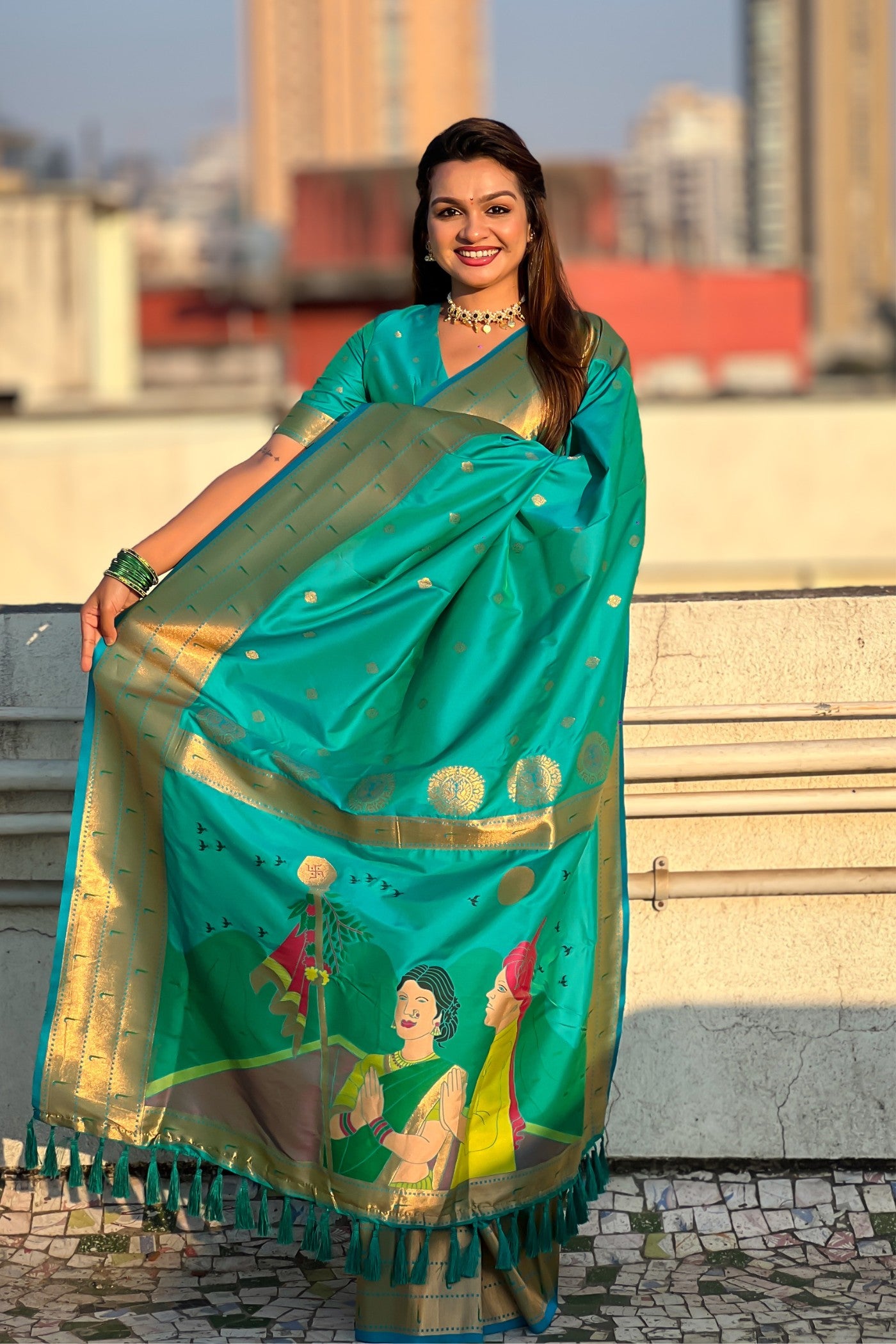 Buy MySilkLove Blue Stone Woven Paithani Saree Online