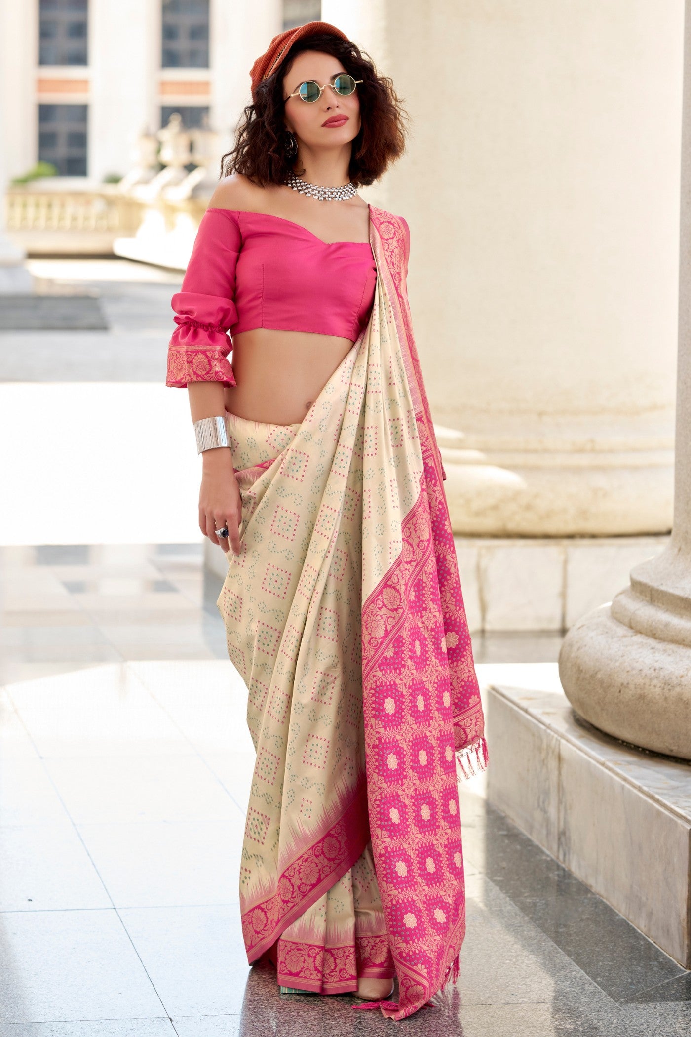 Buy MySilkLove Grain Cream Woven Banarasi Bandhani Soft Silk Saree Online