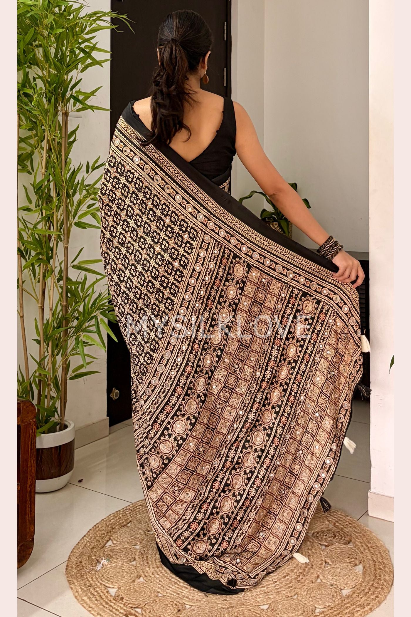 Buy MySilkLove Metal Black Modal Ajrakh Satin Printed Mirror Work Saree Online