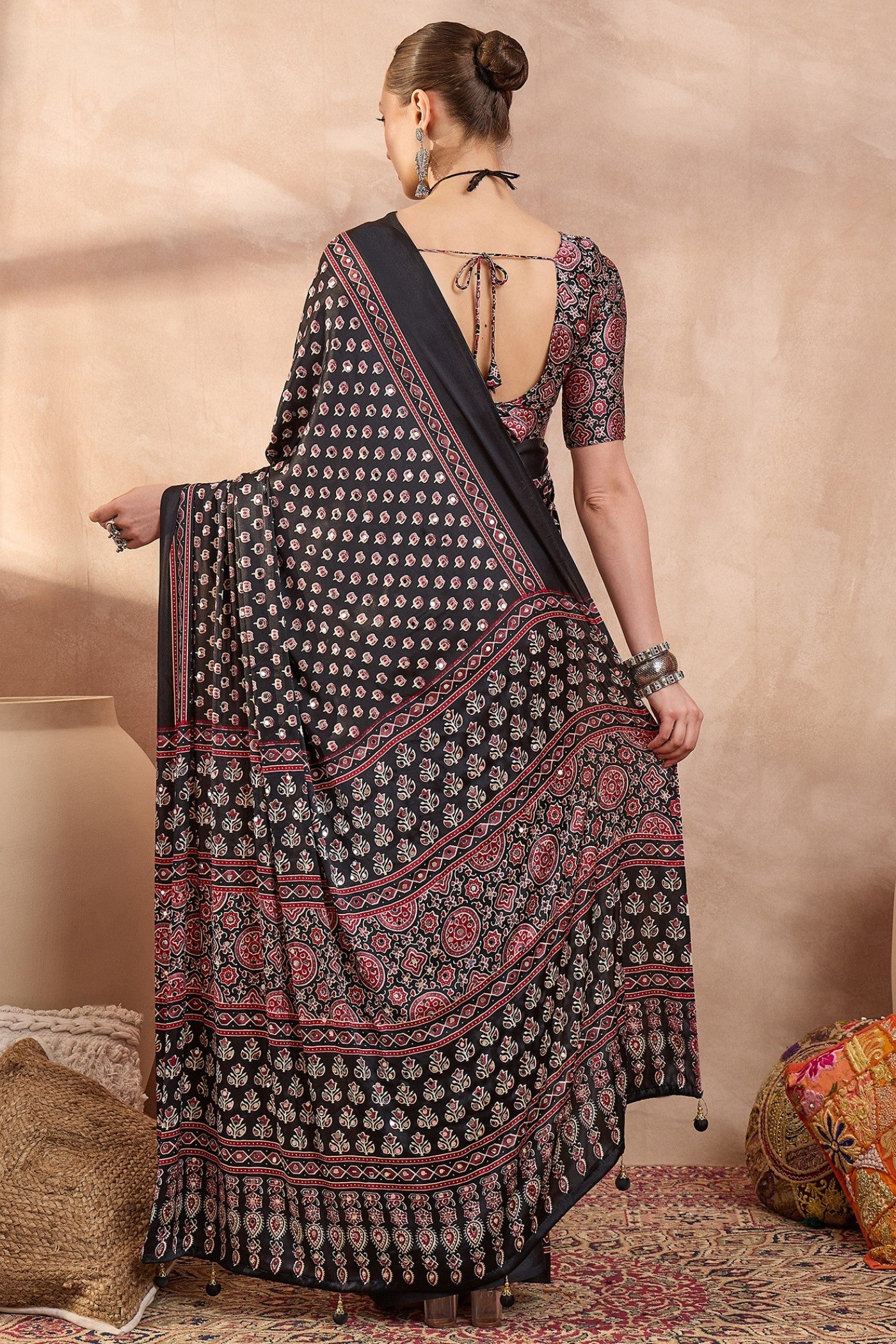 Buy MySilkLove Abbey Black Modal Ajrakh Satin Printed Silk Saree Online