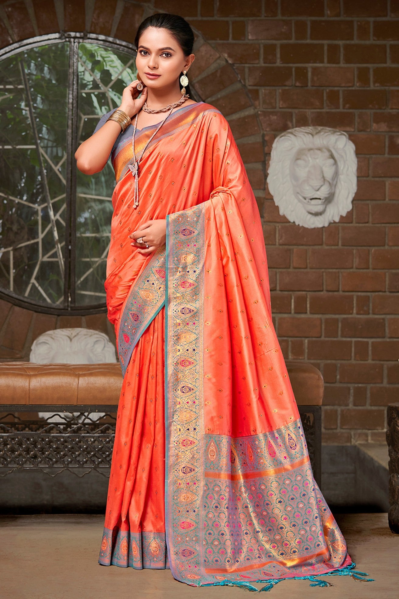 Buy MySilkLove Ogre Odor Orange Woven Banarasi Saree Online