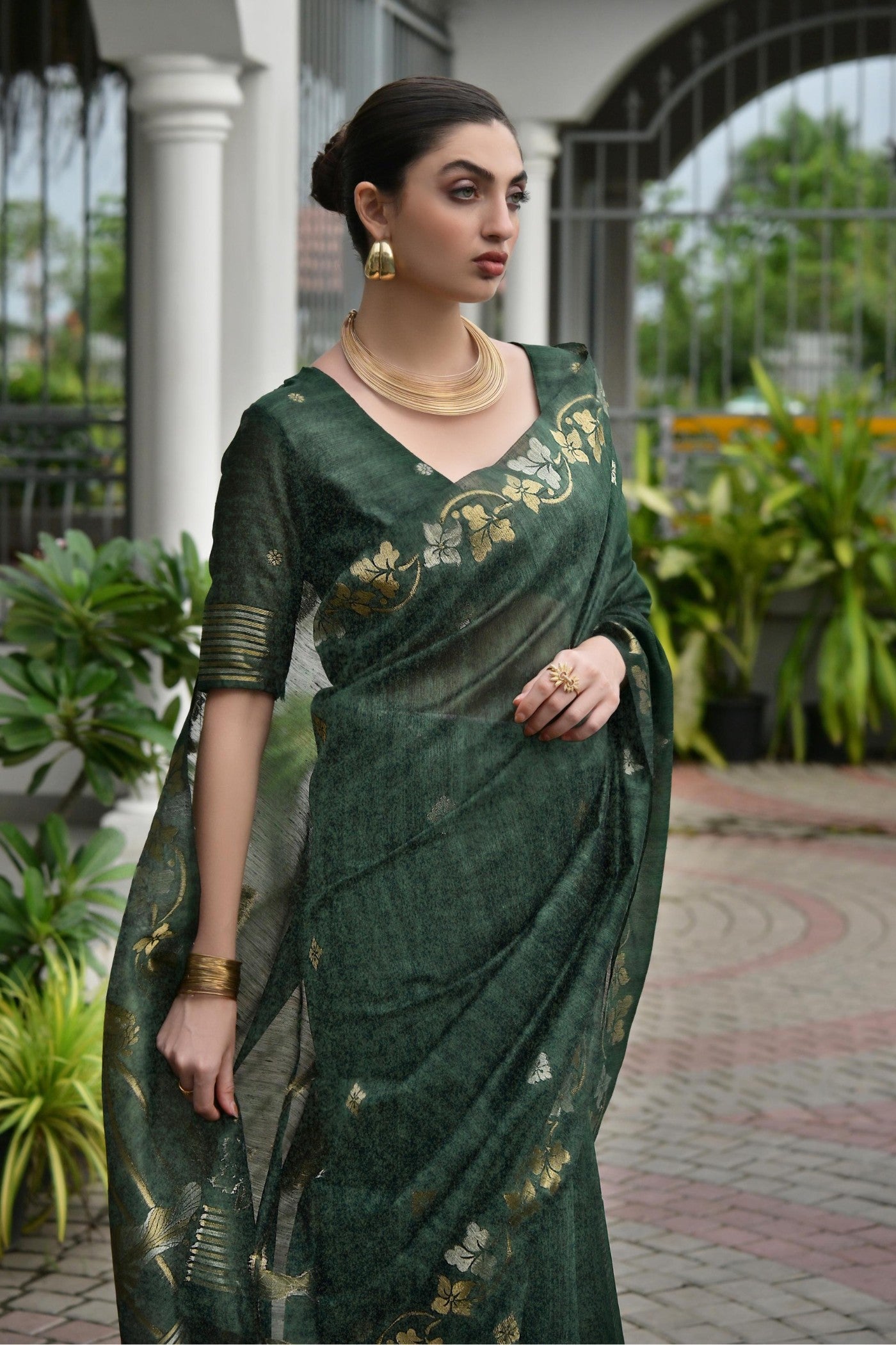 Buy MySilkLove Opal Green Floral Linen Silk Saree Online