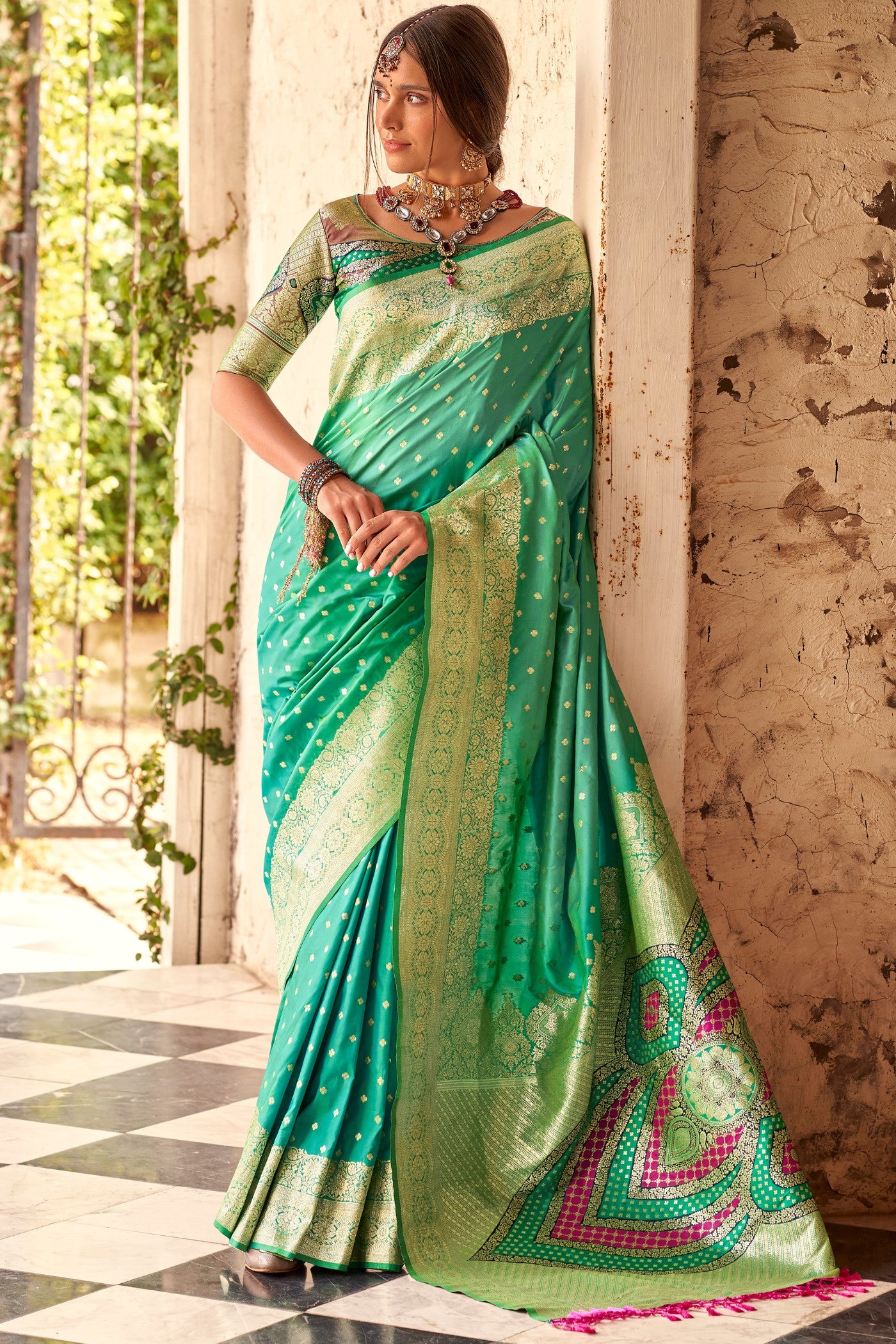 Buy MySilkLove Winter Green Woven Banarasi Soft Silk Saree Online