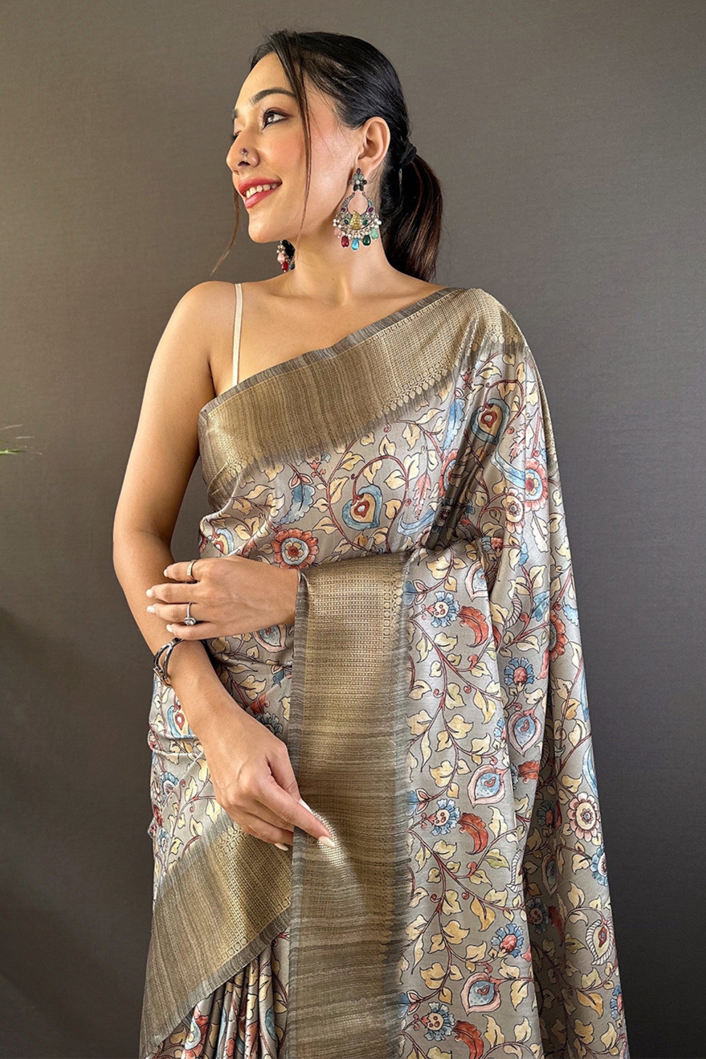 Buy MySilkLove Smokey Grey Printed Tussar Silk Saree Online