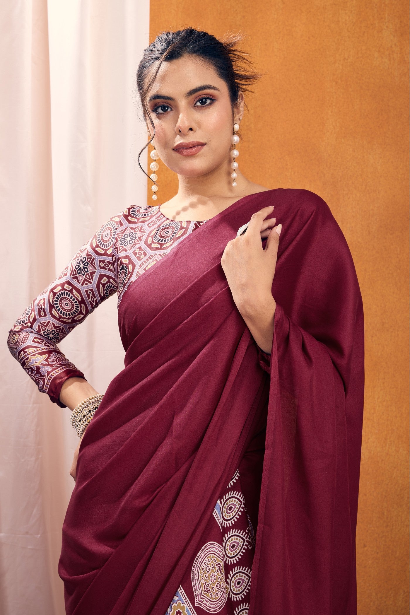 MySilkLove Brick Maroon Ajrakh Printed Satin Crepe Silk Saree