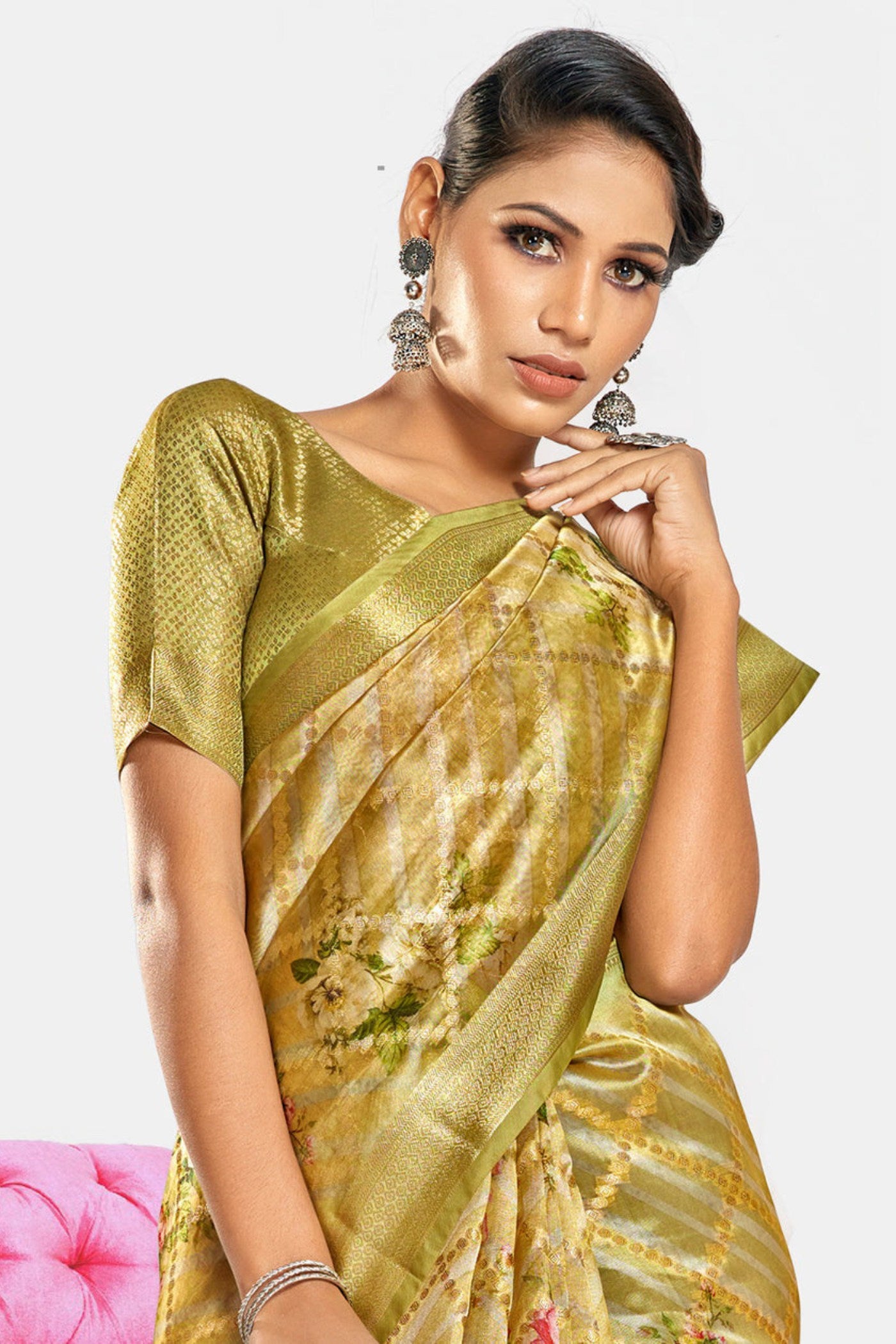 Buy MySilkLove Tulip Yellow Digital Printed Banarasi Saree Online