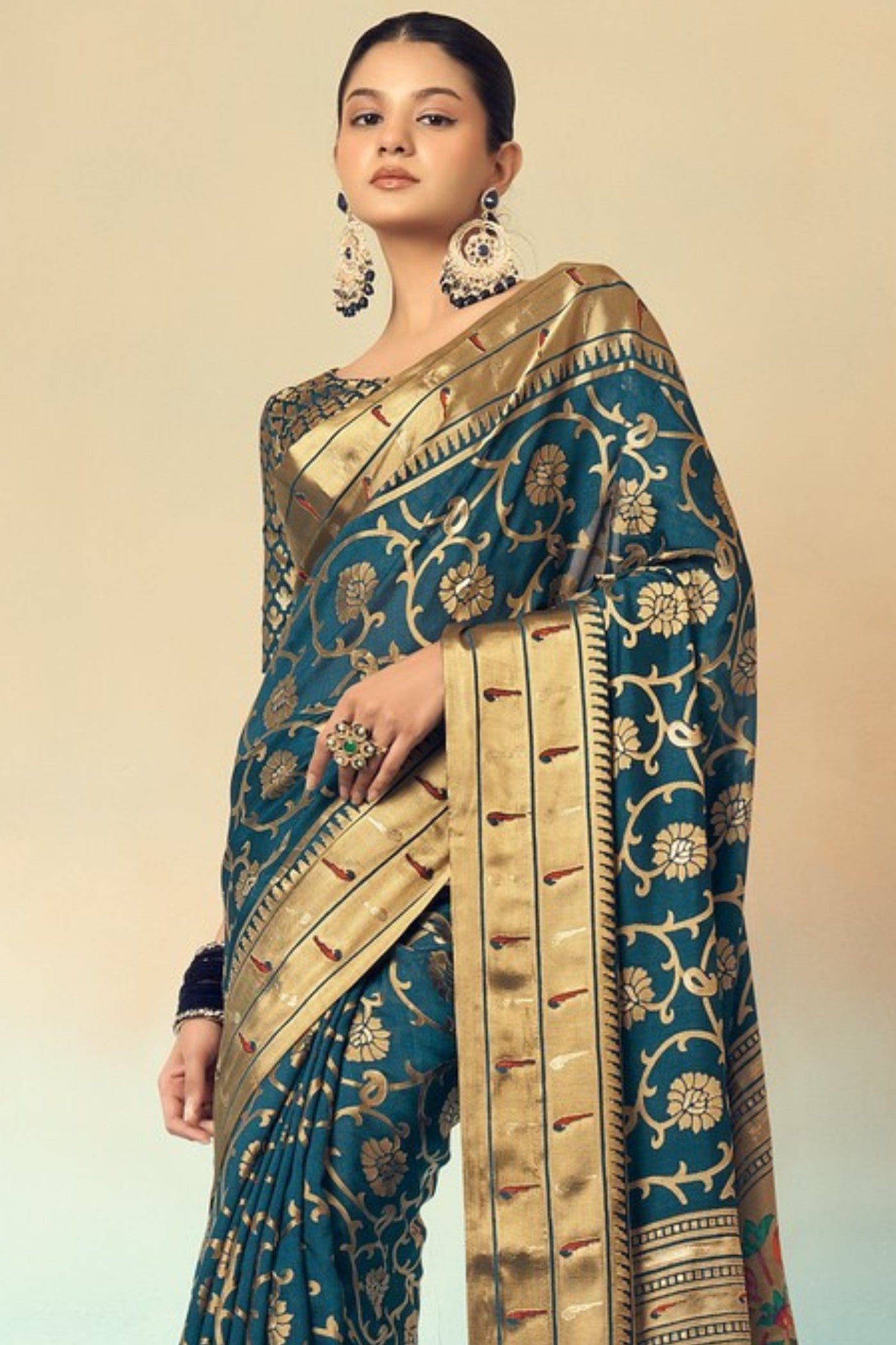 Buy MySilkLove Peacock Blue Designer Banarasi Georgette Saree Online