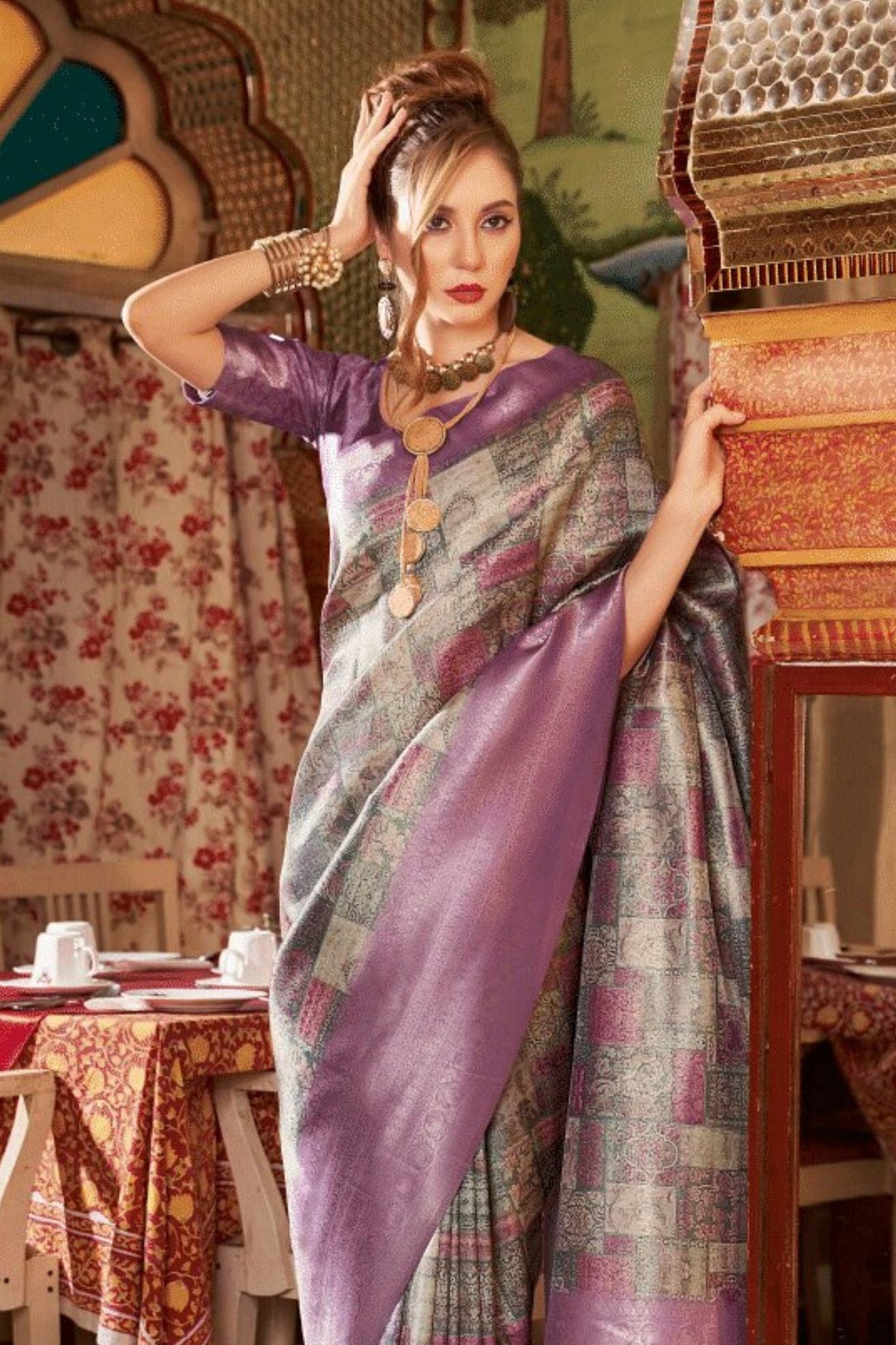 Buy MySilkLove Oriental Purple and Grey Banarasi Digital Printed Saree Online