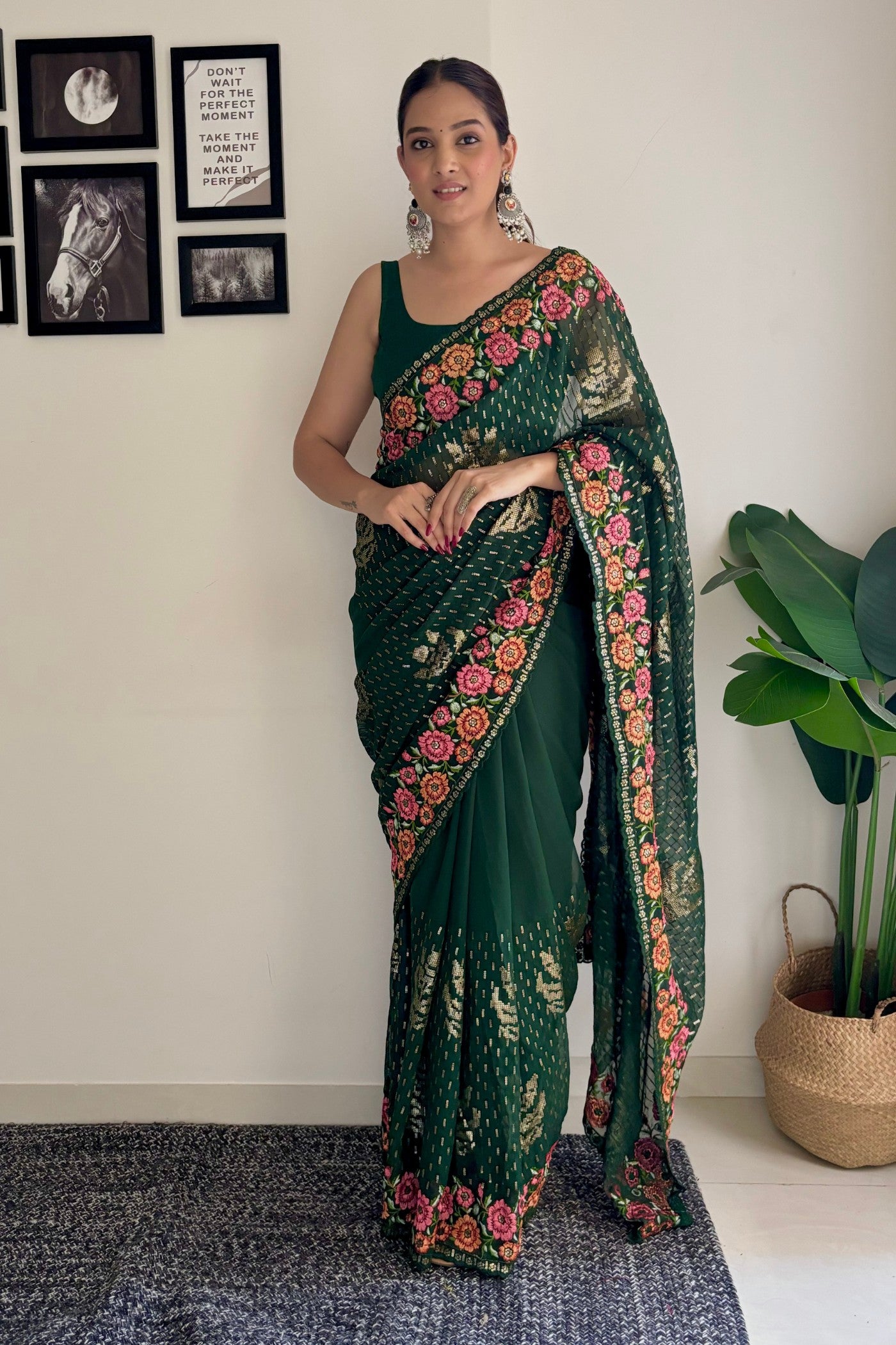 Buy MySilkLove Cadmium Green Embroidery Designer Georgette Saree Online