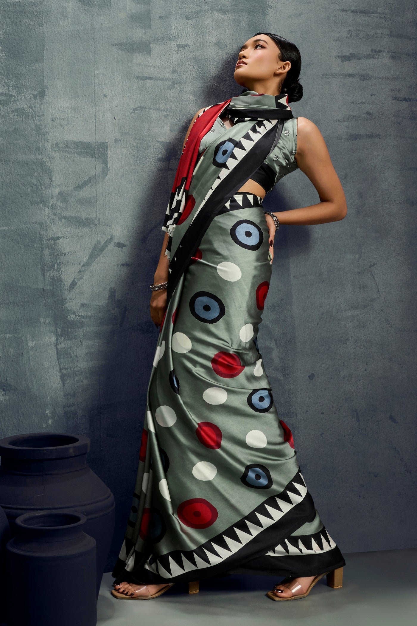 Buy MySilkLove Avocado Green Ajrakh Printed Satin Crepe Silk Saree Online